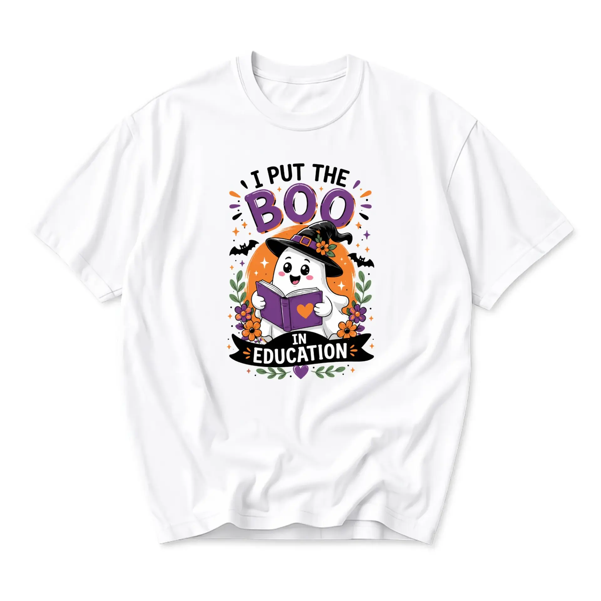 Funny Shirt I Put the Boo in Education Graphic Tee Casual Unisex Crew Neck Short Sleeve Cotton Apparel Halloween Gift