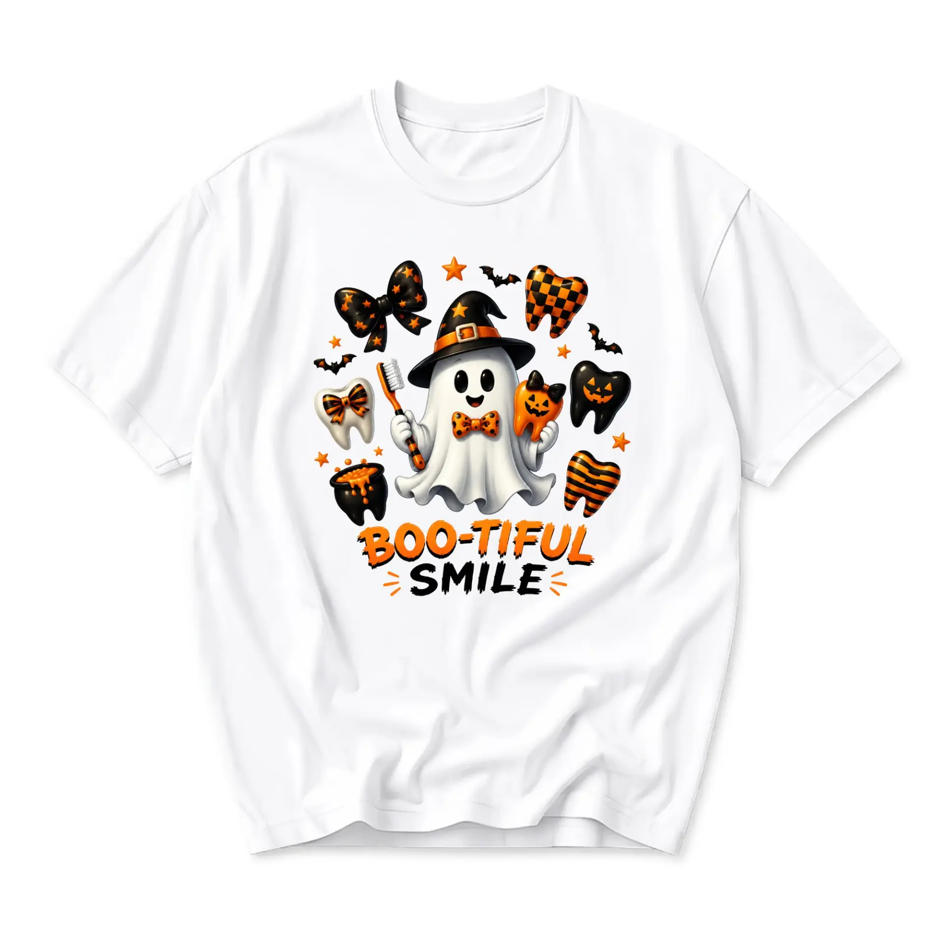 Funny Shirt Boo-Tiful Smile Halloween Graphic Tee Cute Ghost Holding Toothbrush Art for Casual Holiday Seasonal Wear