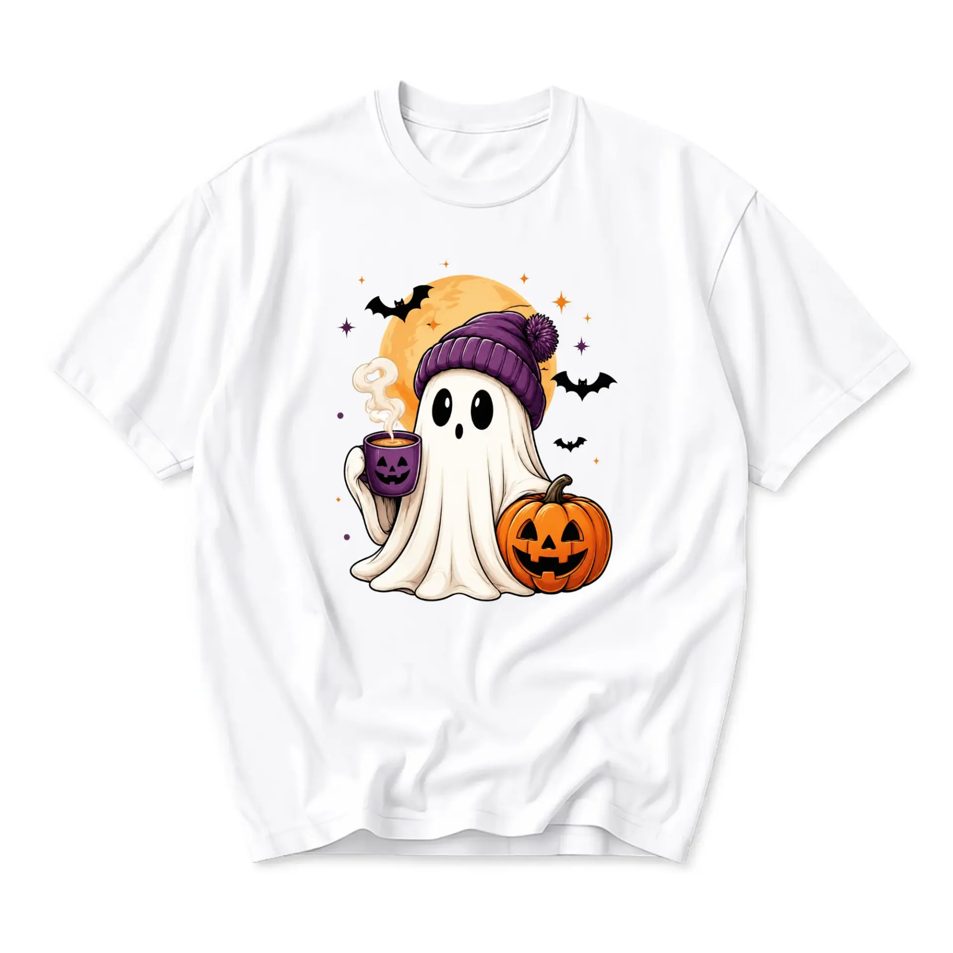 Graphic Tee Unisex Crew Neck T-Shirt Featuring Cute Ghost Wearing Purple Beanie with Pumpkin and Hot Beverage Design