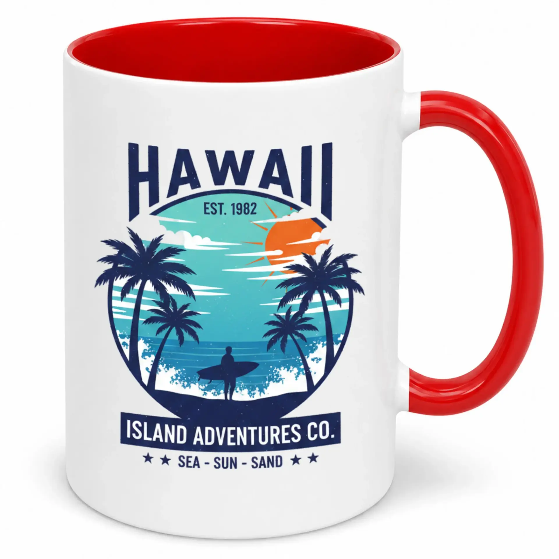 Ceramic Coffee Mug with Tropical Hawaii Est 1982 Island Adventures Co. Beach Theme Design Vibrant Ocean Tree Surfer Drinkware
