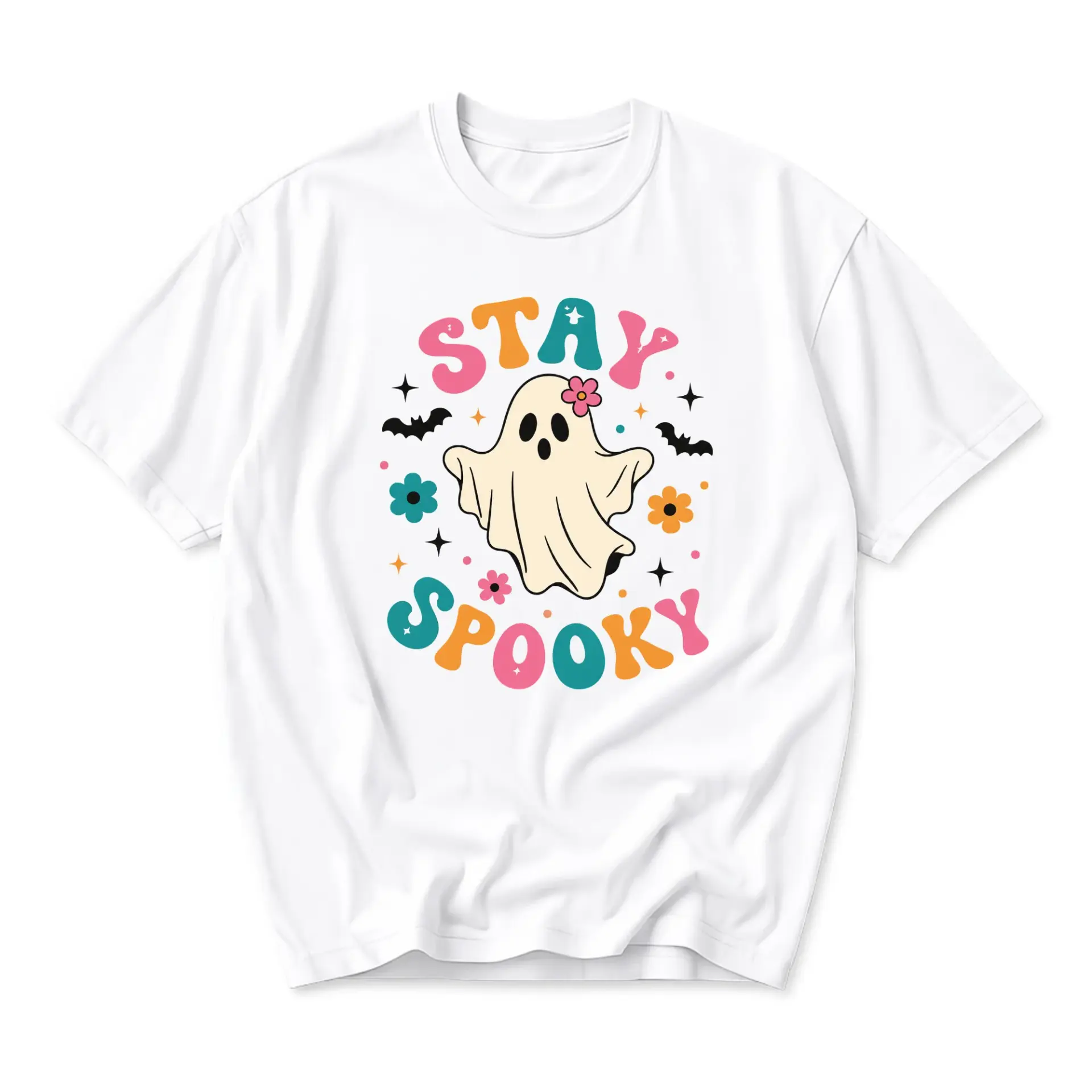 Funny Shirt Stay Spooky Ghost Graphic Tee Retro Aesthetic Unisex Crew Neck Casual Cotton Blend Short Sleeve Top