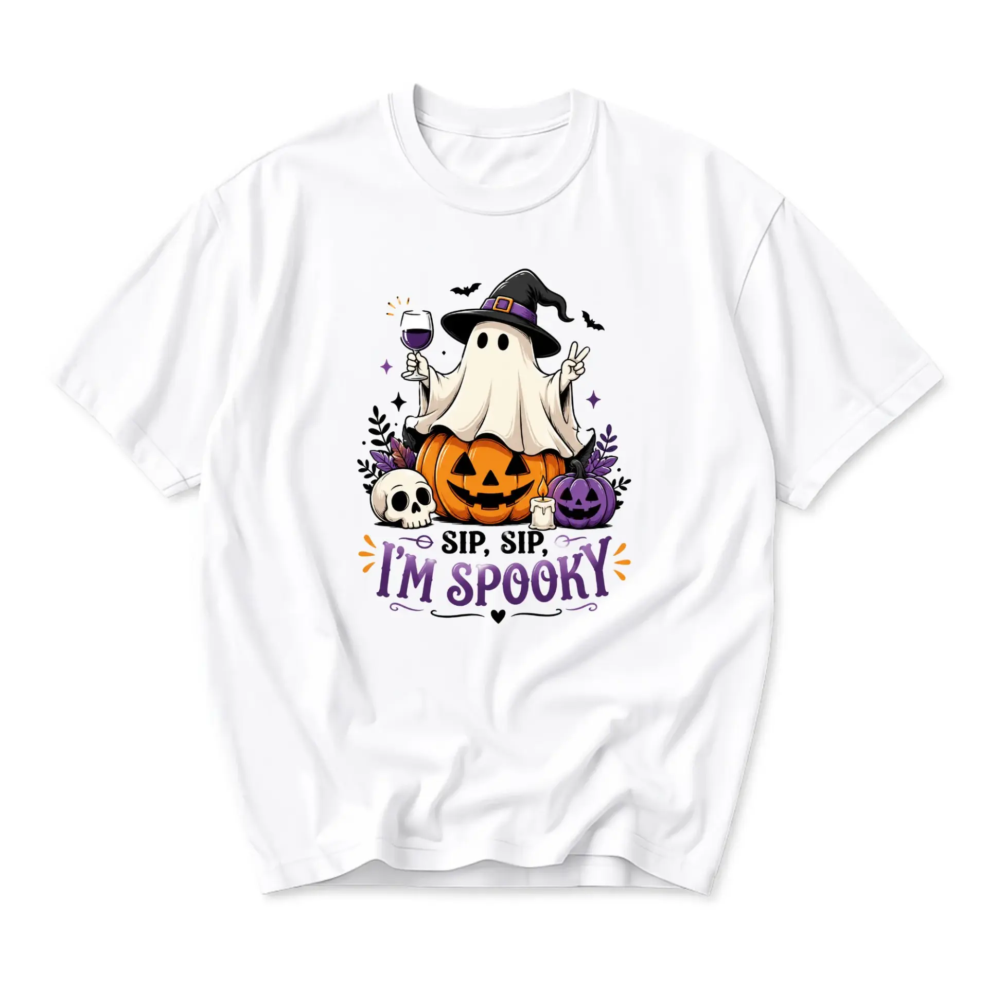 Funny Shirt Sip Sip Im Spooky Ghost Pumpkin Halloween Graphic Tee for Adults Soft Cotton Casual Unisex Crew Neck Top