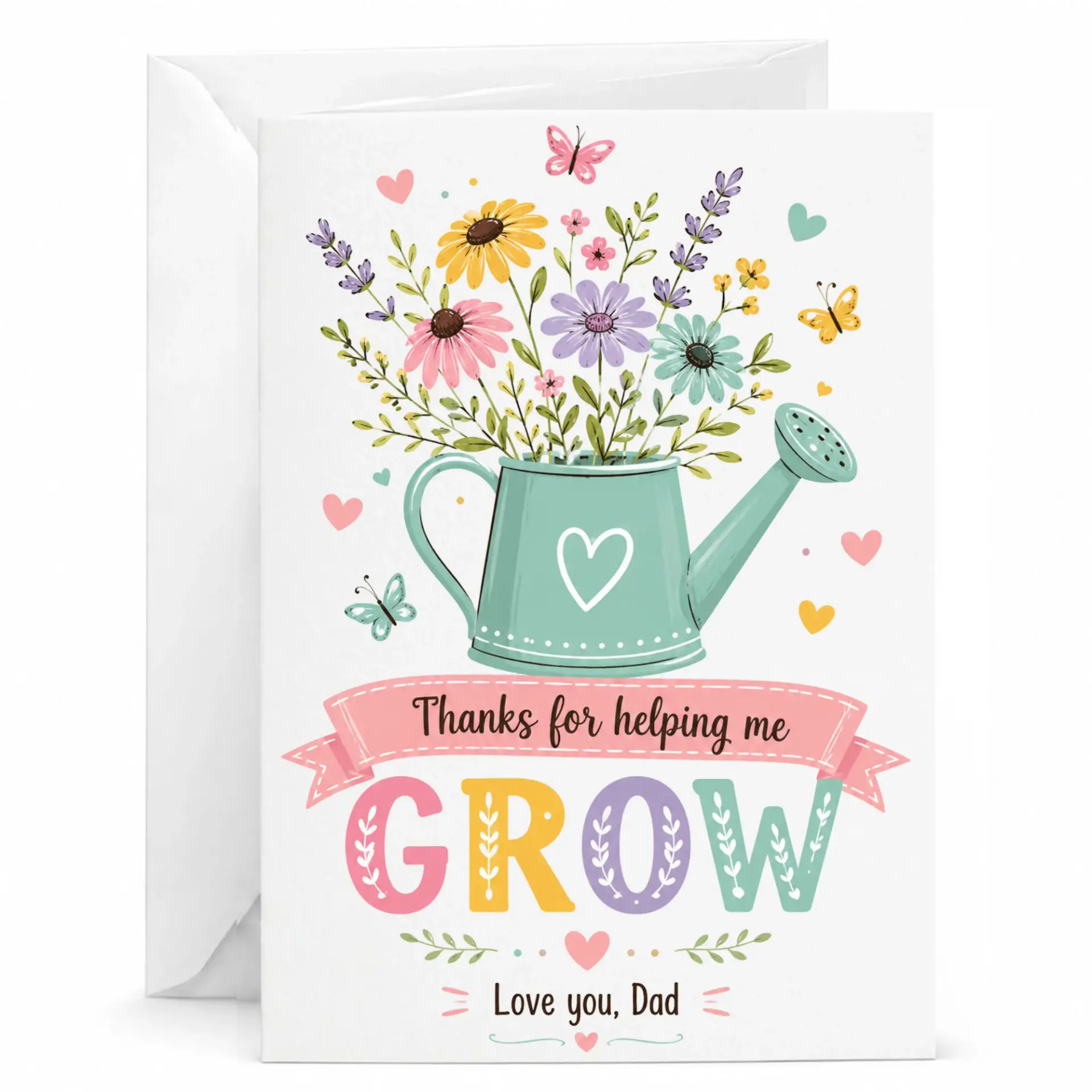 Card Floral Watering Can Design Greeting for Dad Featuring Illustration and Heartfelt