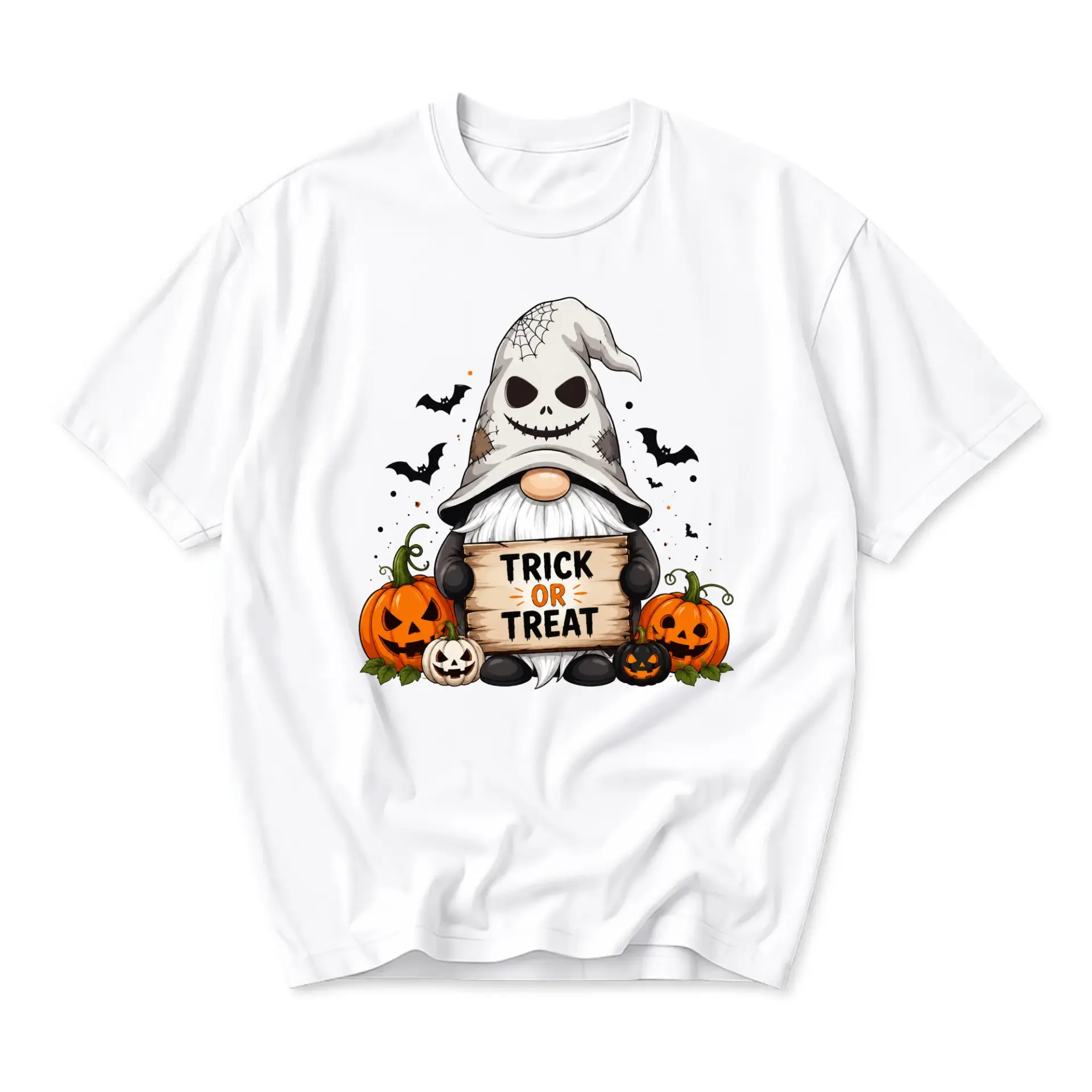 Funny Shirt Trick or Treat Halloween Gnome Graphic Tee Unisex Crew Neck Short Sleeve Casual Cotton Holiday Apparel