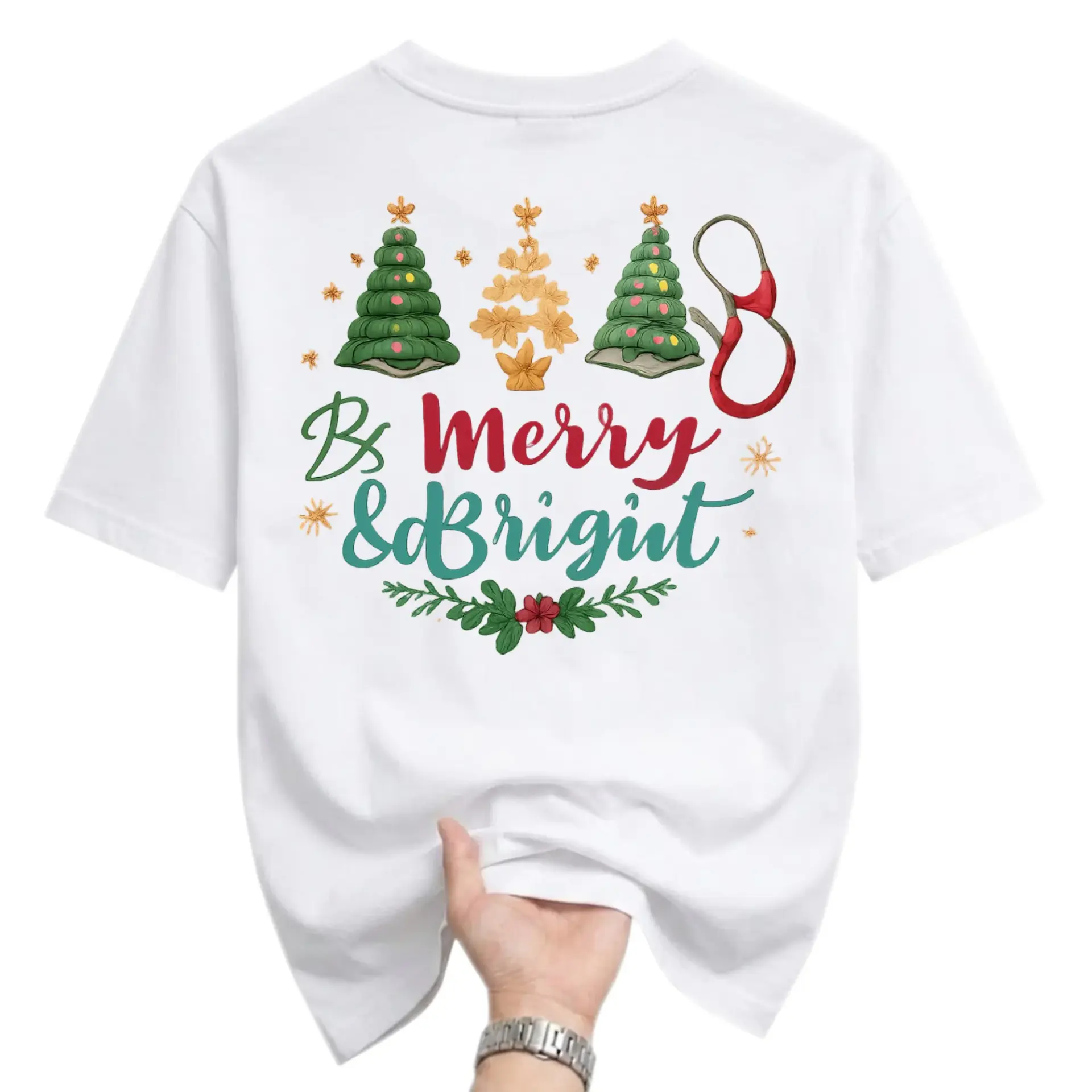 Graphic Tee Be Merry and Bright Christmas Medical Theme Unisex Crew Neck