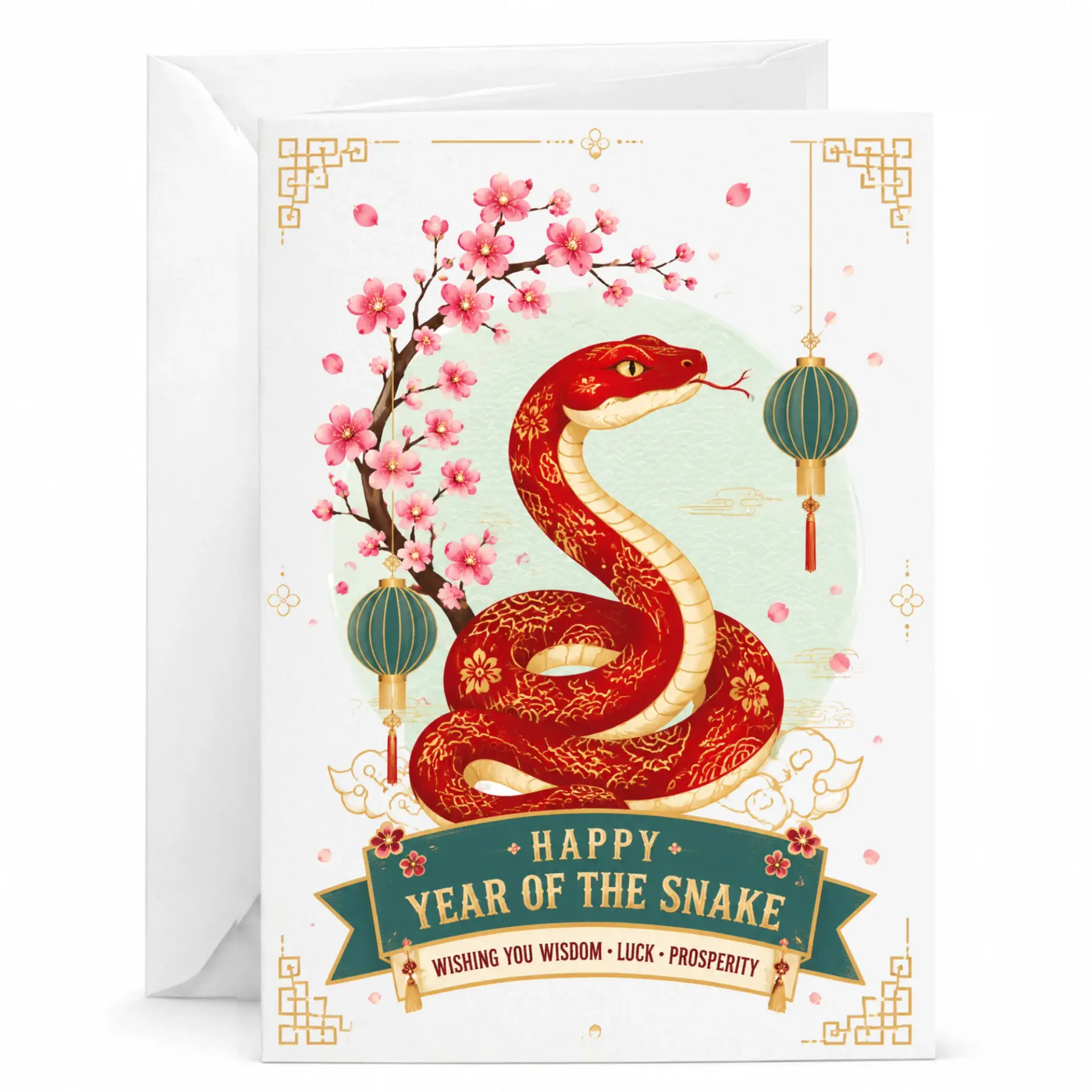 Greeting Card Happy Year of the Snake Featuring Elegant Red Serpent and Cherry Blossom Illustration for New Year
