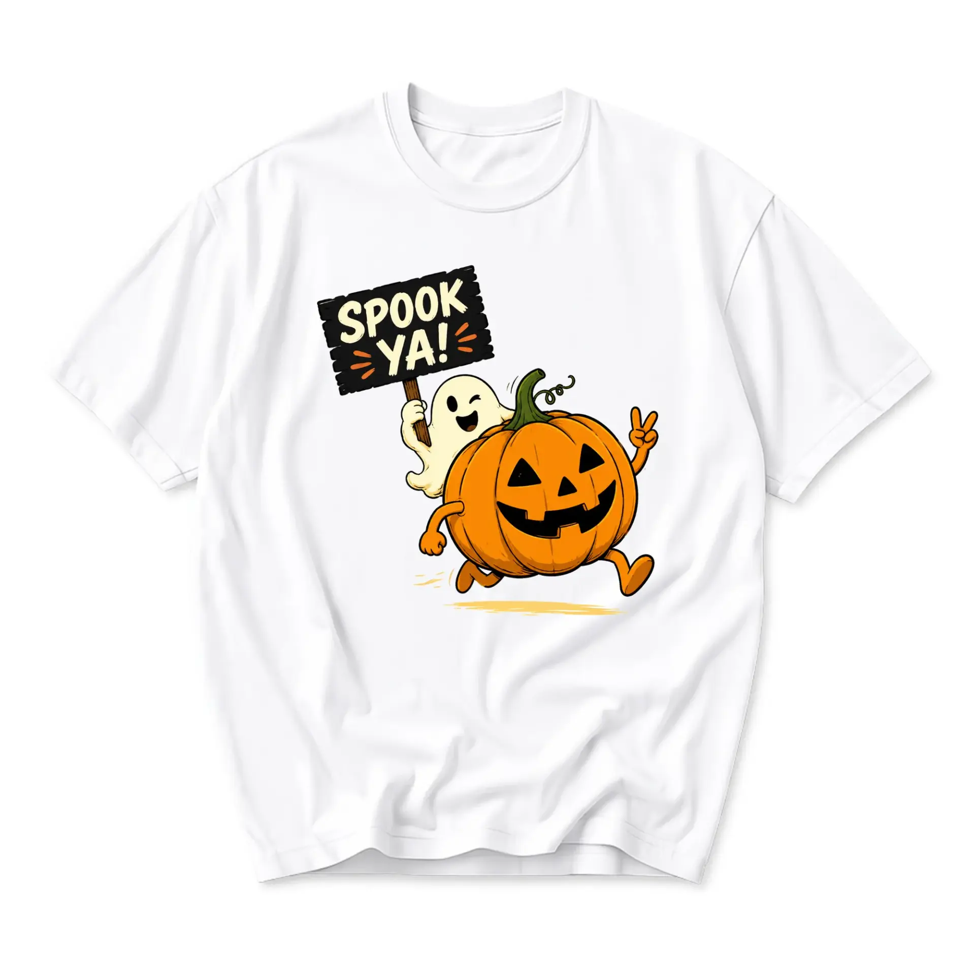 Funny Shirt Spook Ya Ghost and Jack O Lantern Graphic Print Unisex Crew Neck Casual Everyday Holiday Apparel White Tee