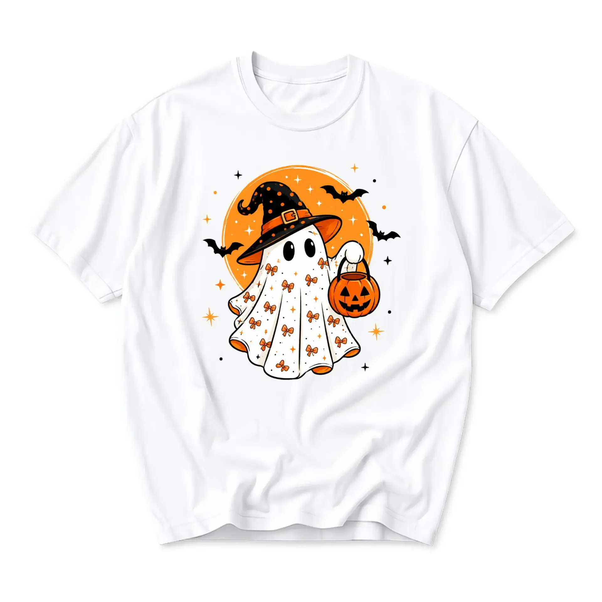 Graphic Tee Cute Ghost Wearing Witch Hat Halloween Illustration Unisex Cotton Crew Neck Casual Summer Short Sleeve Top