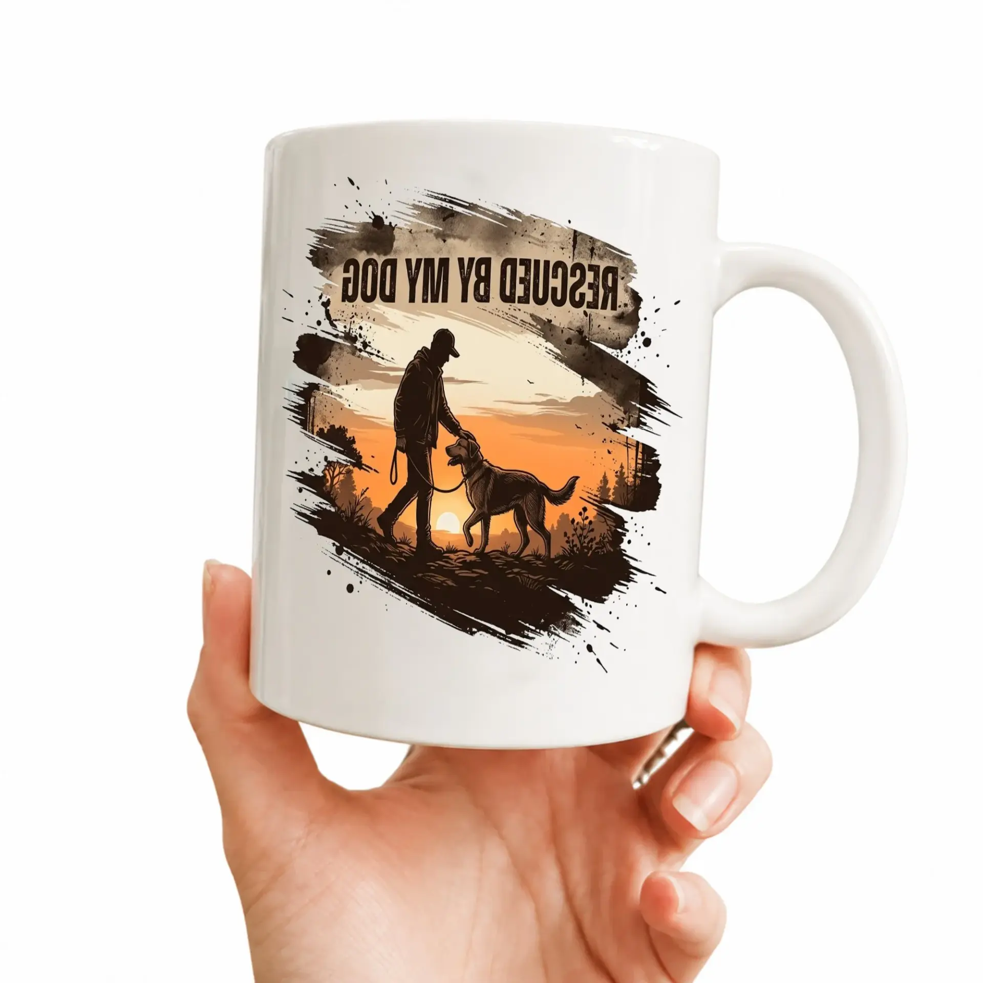 Dog Lover Ceramic Coffee Mug Rescued by My Graphic Design Featuring a Man Walking with His Pet at Sunset Blue Rim