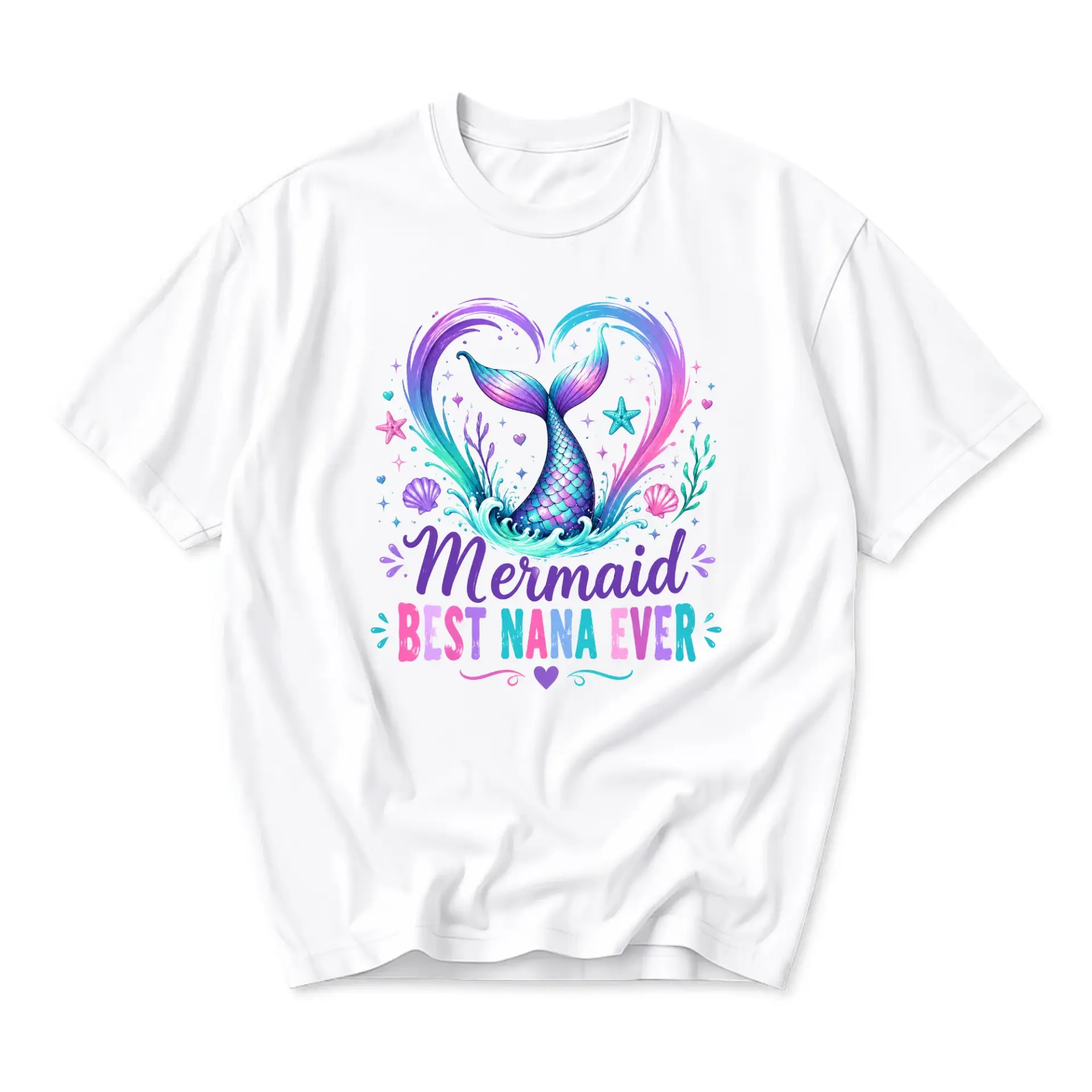 Funny Shirt Mermaid Best Nana Ever Graphic Tee Casual Unisex Crew Neck Top for Grandmothers and Family Lovers White