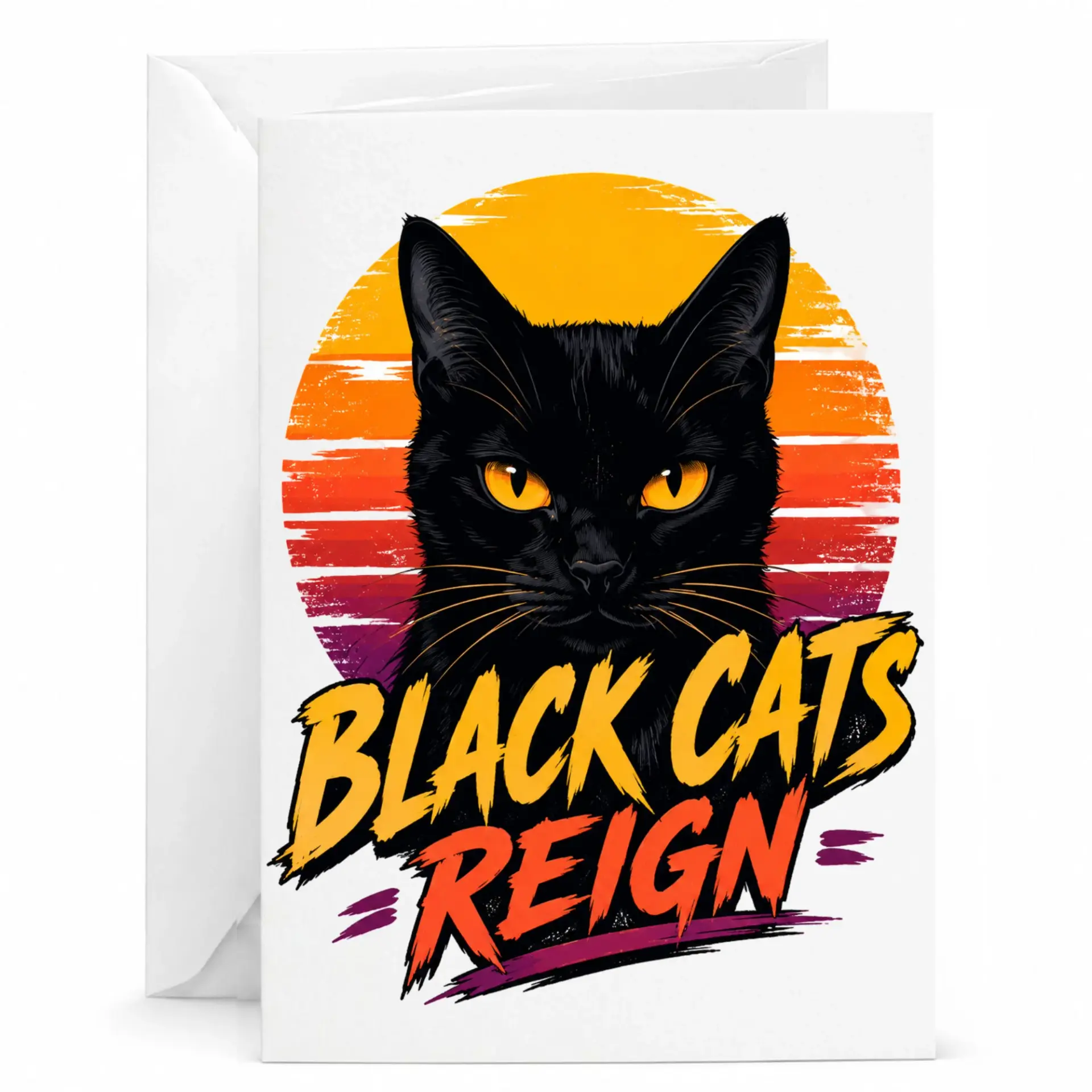 Greeting Card Black Cats Reign Featuring Feline Art and Retro Sunset Design for Any