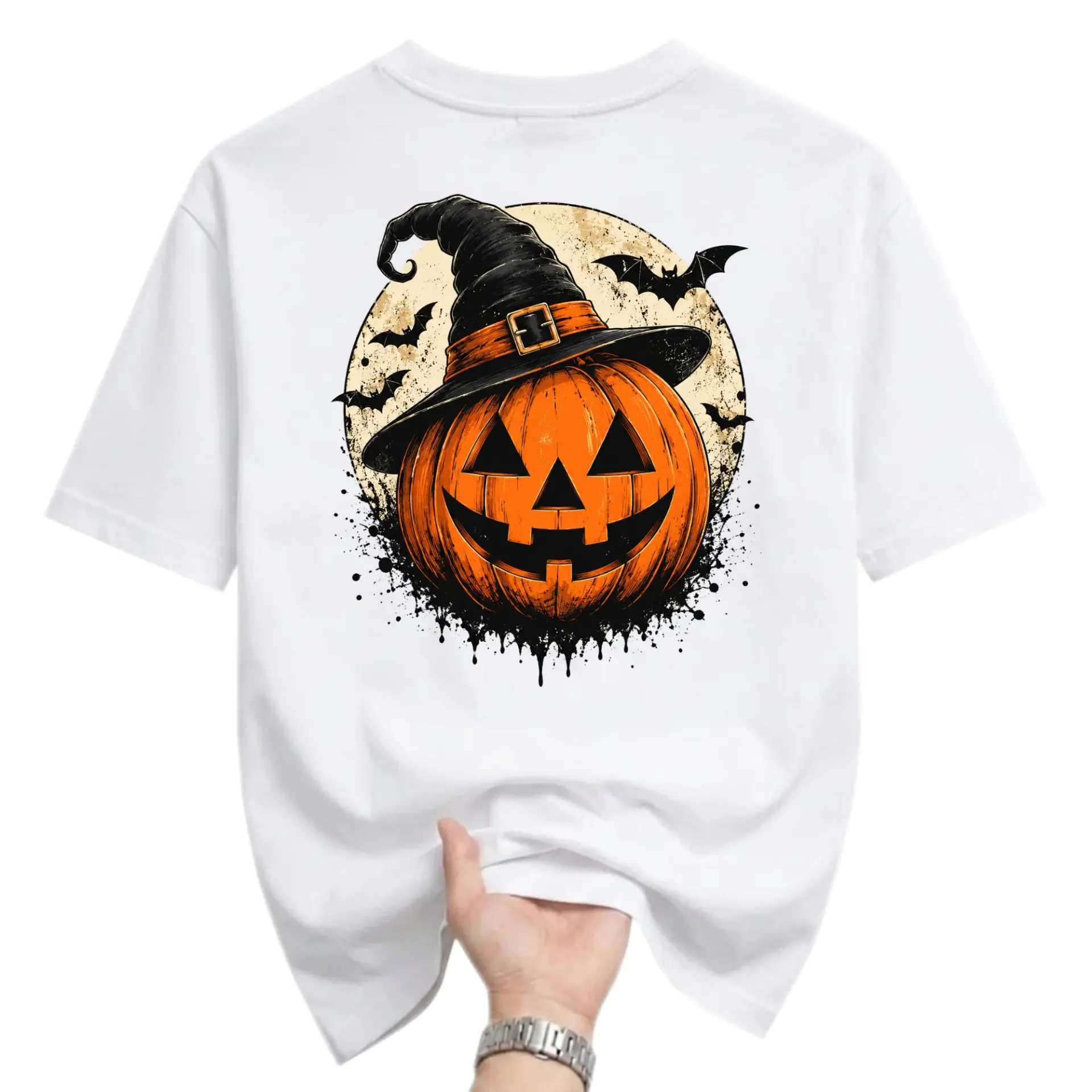 Graphic Tee Unisex Crew Neck T-Shirt Featuring Spooky Halloween Pumpkin Jack O Lantern Wearing a Witch Hat Graphic