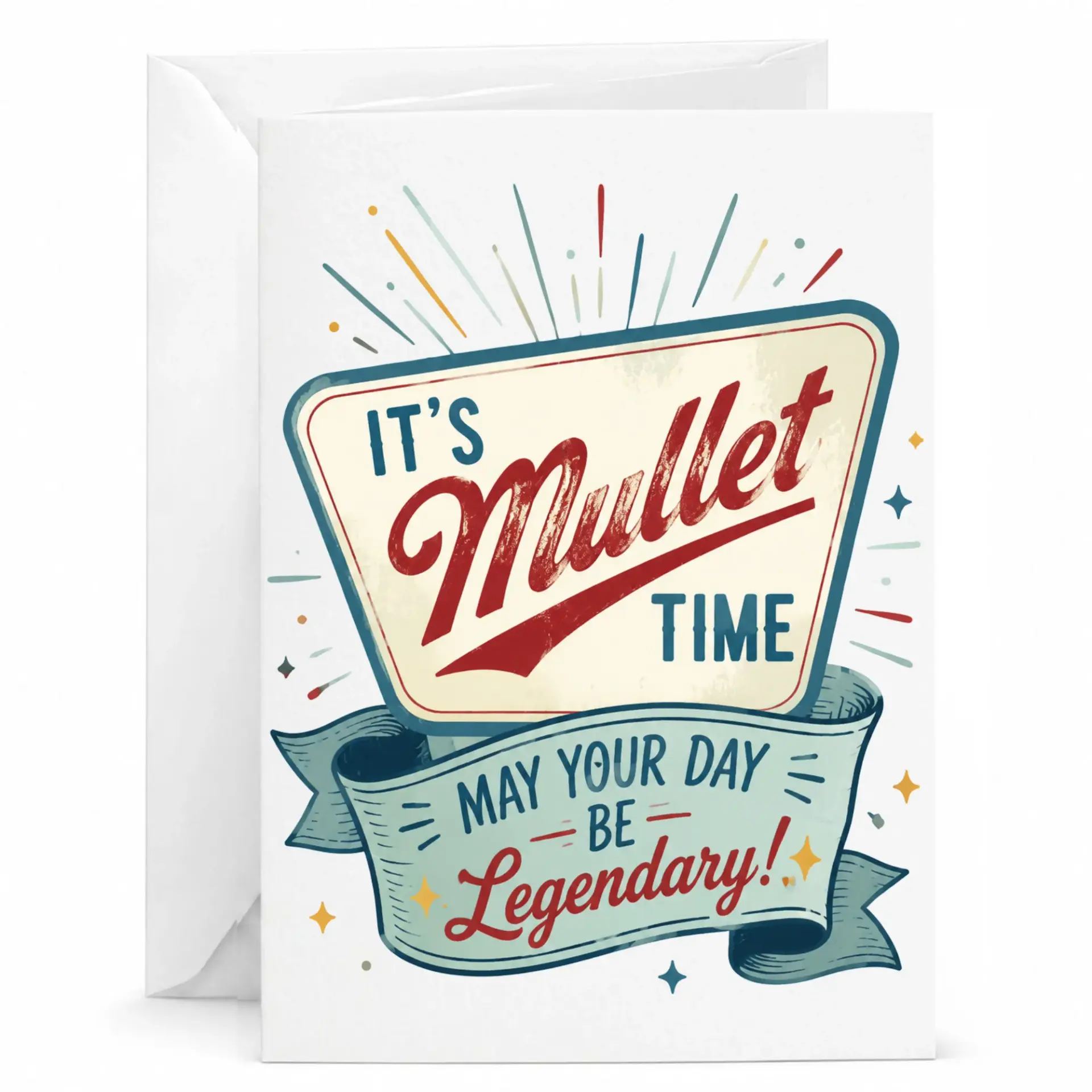 Funny Mullet Time Birthday Card, Retro Style Graphic Greeting Card for Friends, Legendary Celebration Gift with Envelope