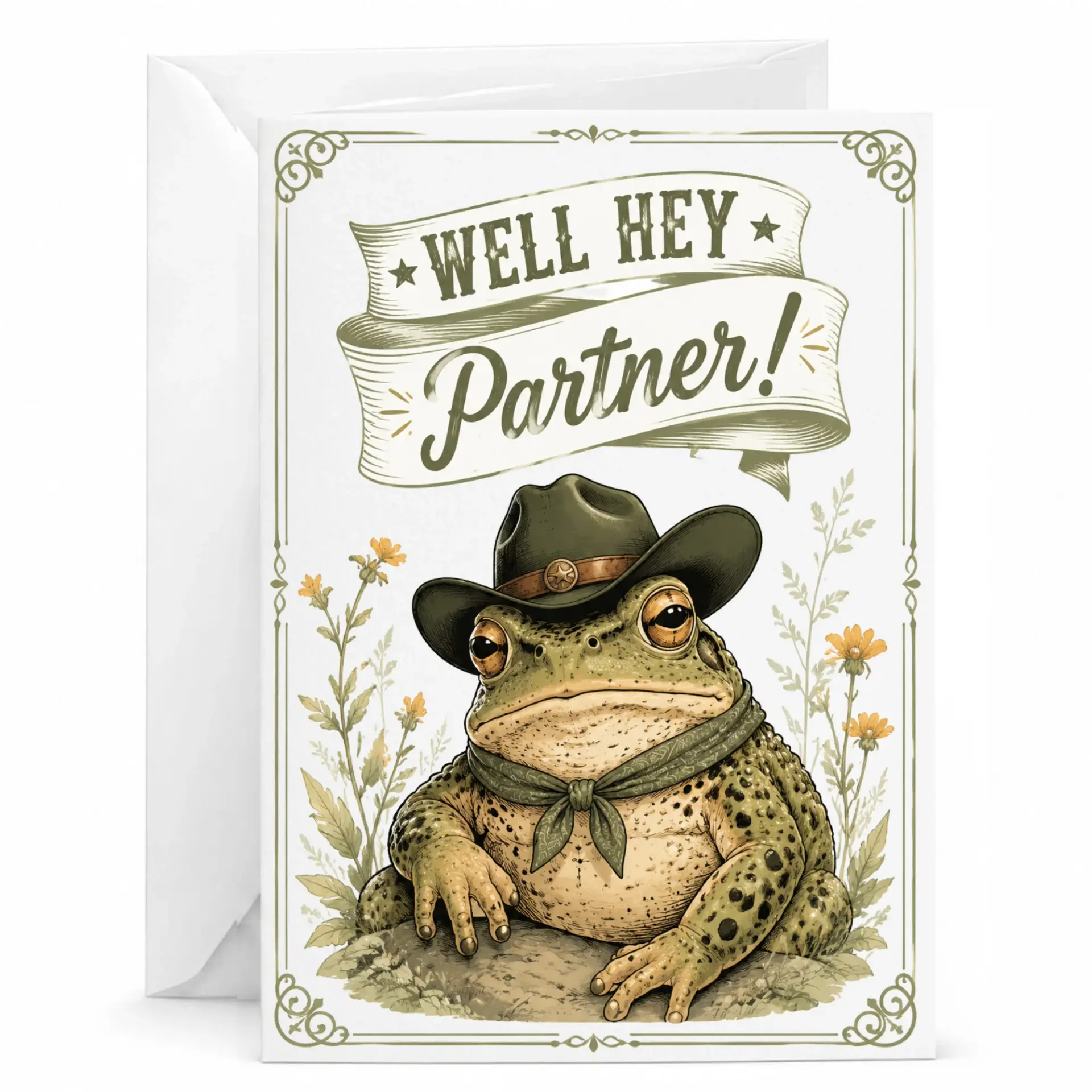 Funny Cowboy Toad Greeting Card Well Hey Partner Theme Note for Friends and Family with Matching Envelope