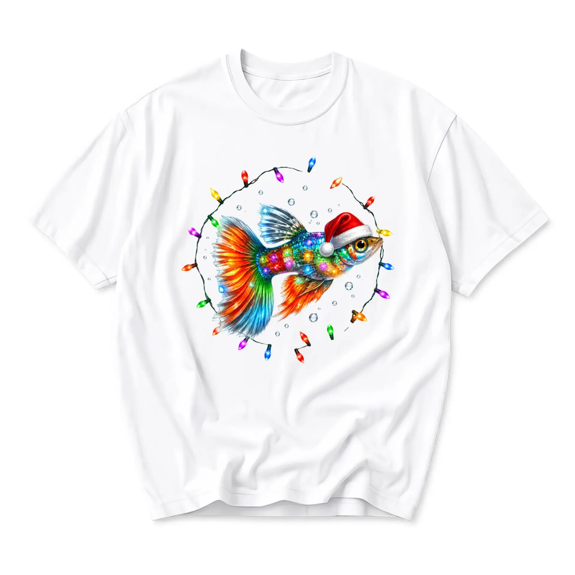 Graphic Tee Holiday Tropical Fish Wearing Santa Hat Design Unisex Crew Neck Soft Cotton Blend Casual Summer Short Sleeve