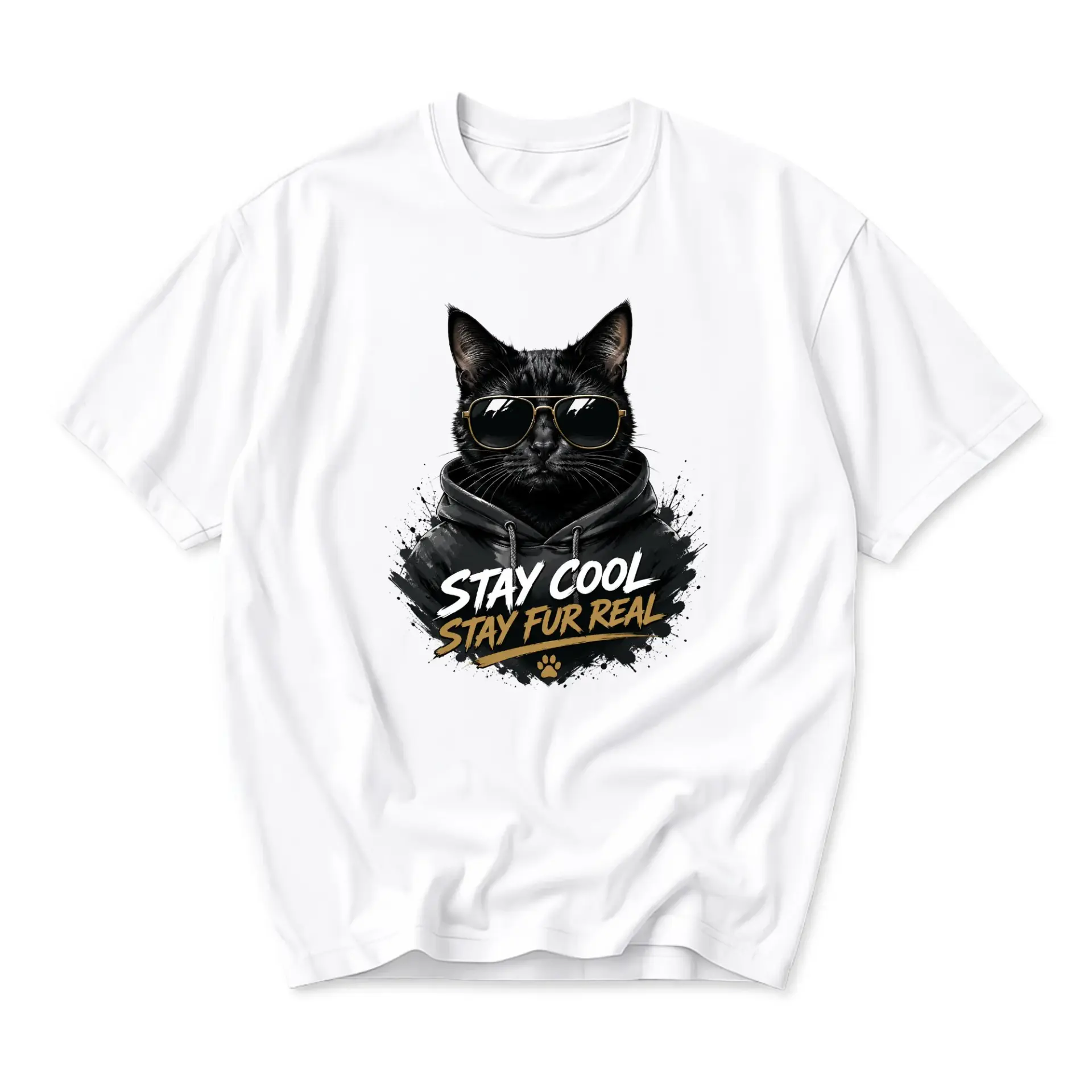 Graphic Tee Unisex Black Cat Wearing Sunglasses Hoodie Stay Cool Stay Fur Real Humorous Animal Print Cotton Shirt