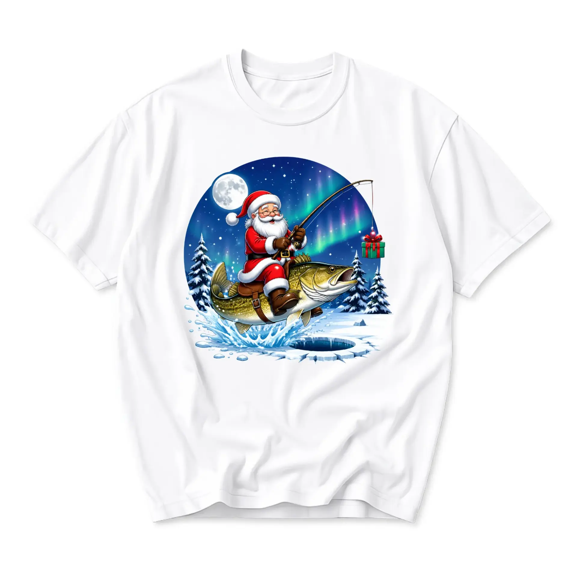 Funny Shirt Christmas Fishing Santa Claus Graphic Tee Unisex Casual Apparel for Holiday Season Lovers