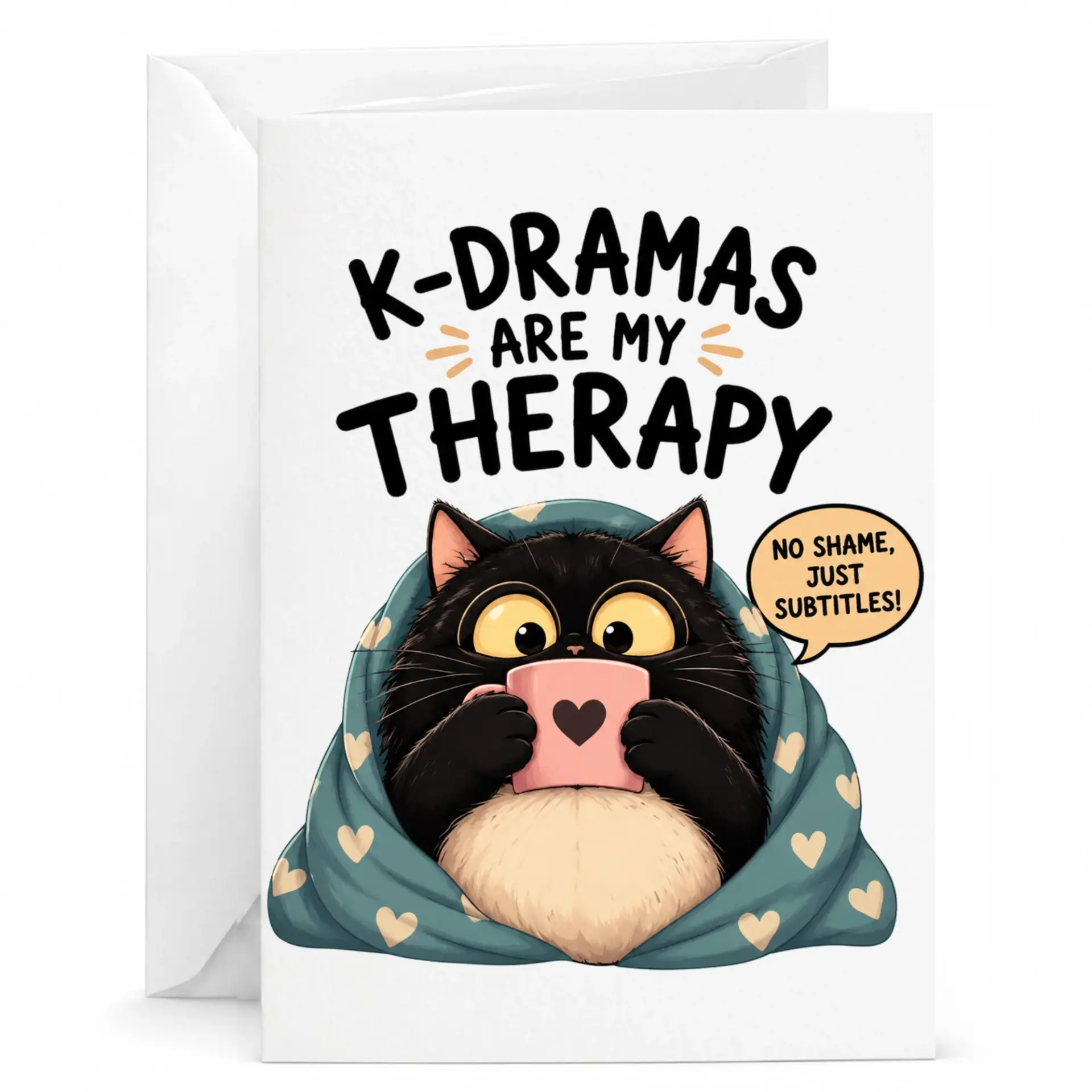 Funny K-Dramas Are My Therapy Greeting Card Featuring a Cozy Black Cat Wrapped in a Blanket with a Heart Mug