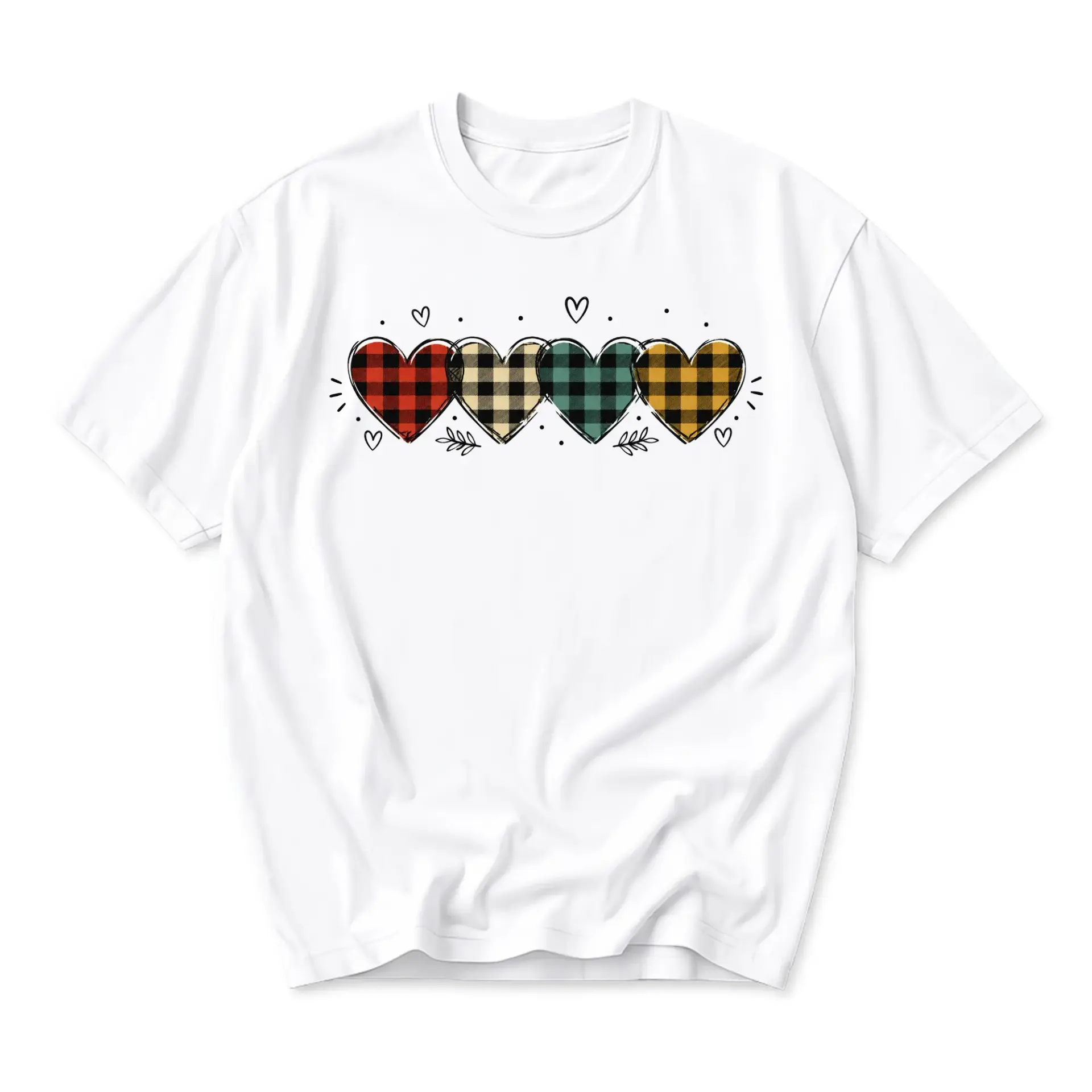 Graphic Tee Unisex Crew Neck Shirt with Colorful Plaid Heart Pattern Print Casual Everyday Apparel for Adults