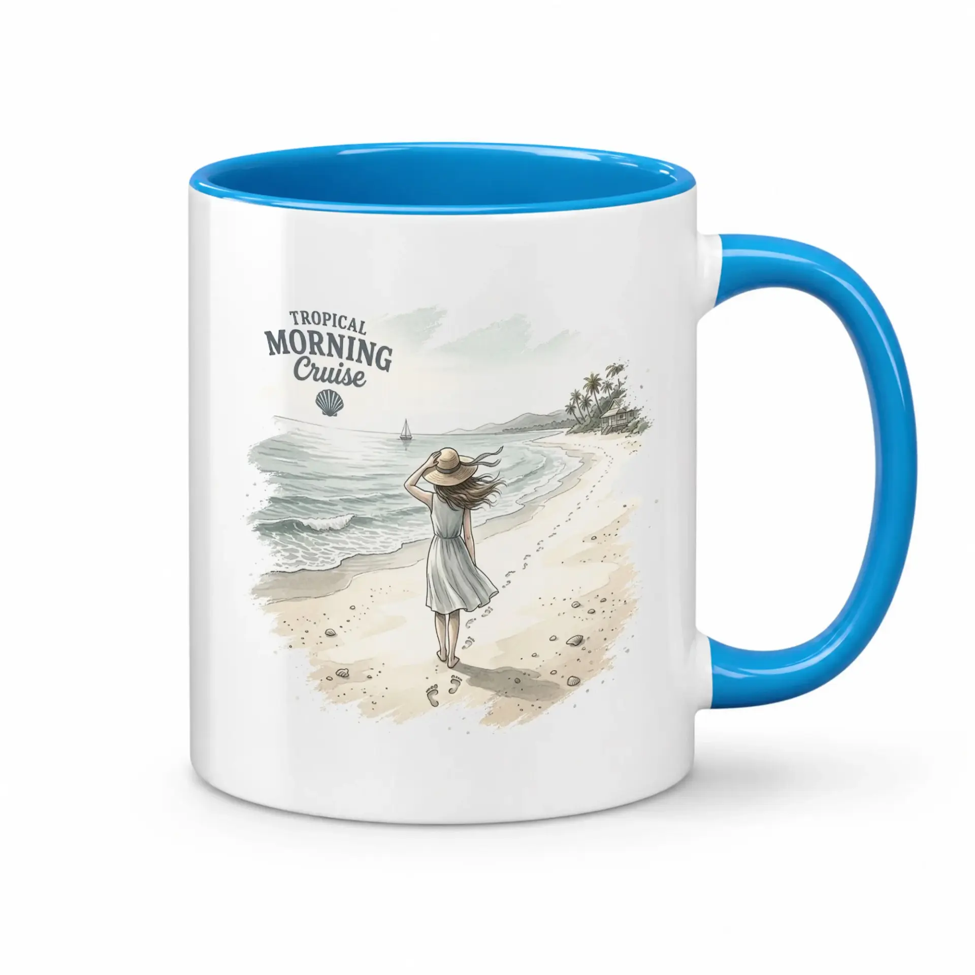 Tropical Morning Cruise Coffee Mug with Blue Handle Artistic Beach Ceramic Tea Cup for Daily Drinkware