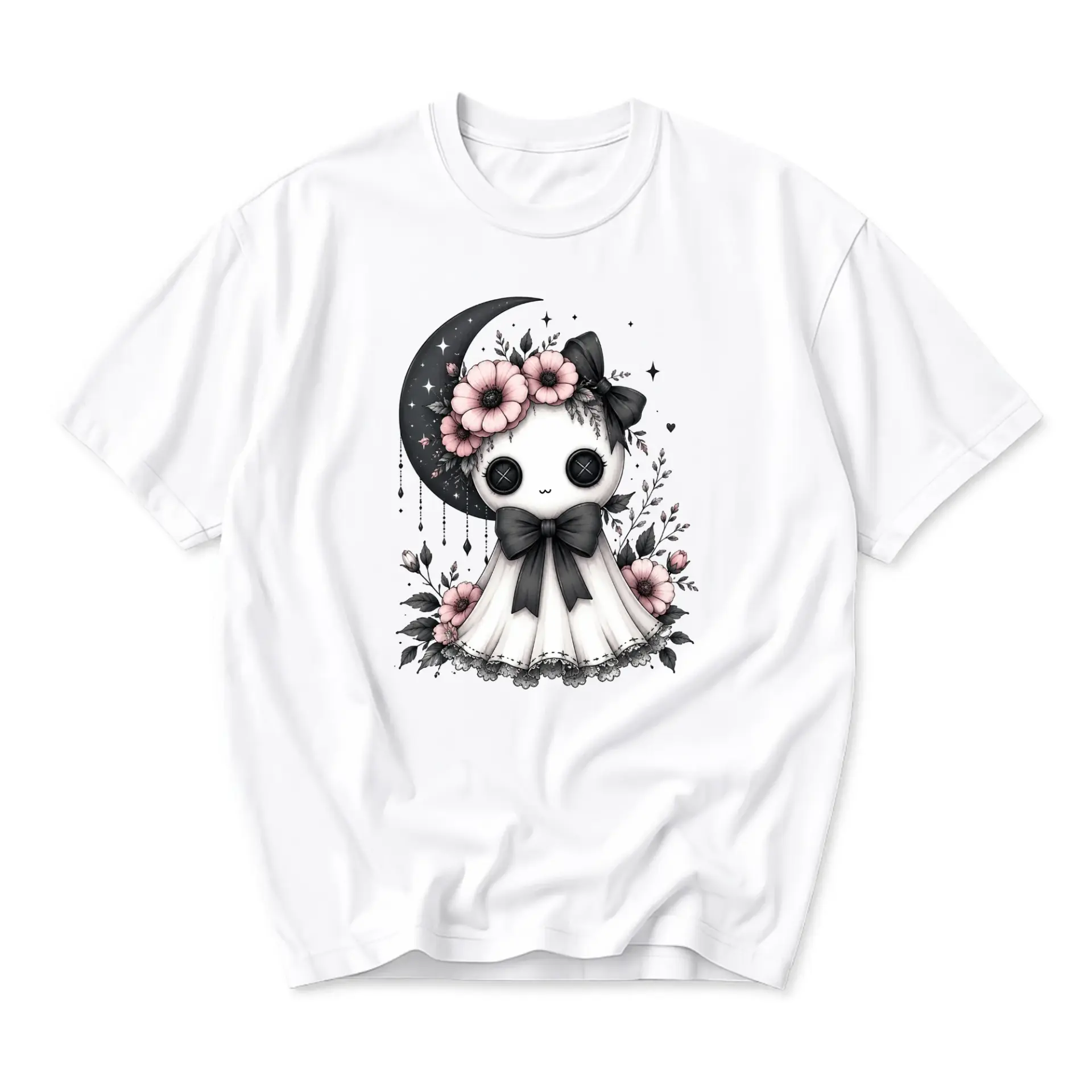 Graphic Tee Celestial Ghost Doll T-Shirt with Floral Accents and Bow Detail for Casual Everyday Comfort Wear