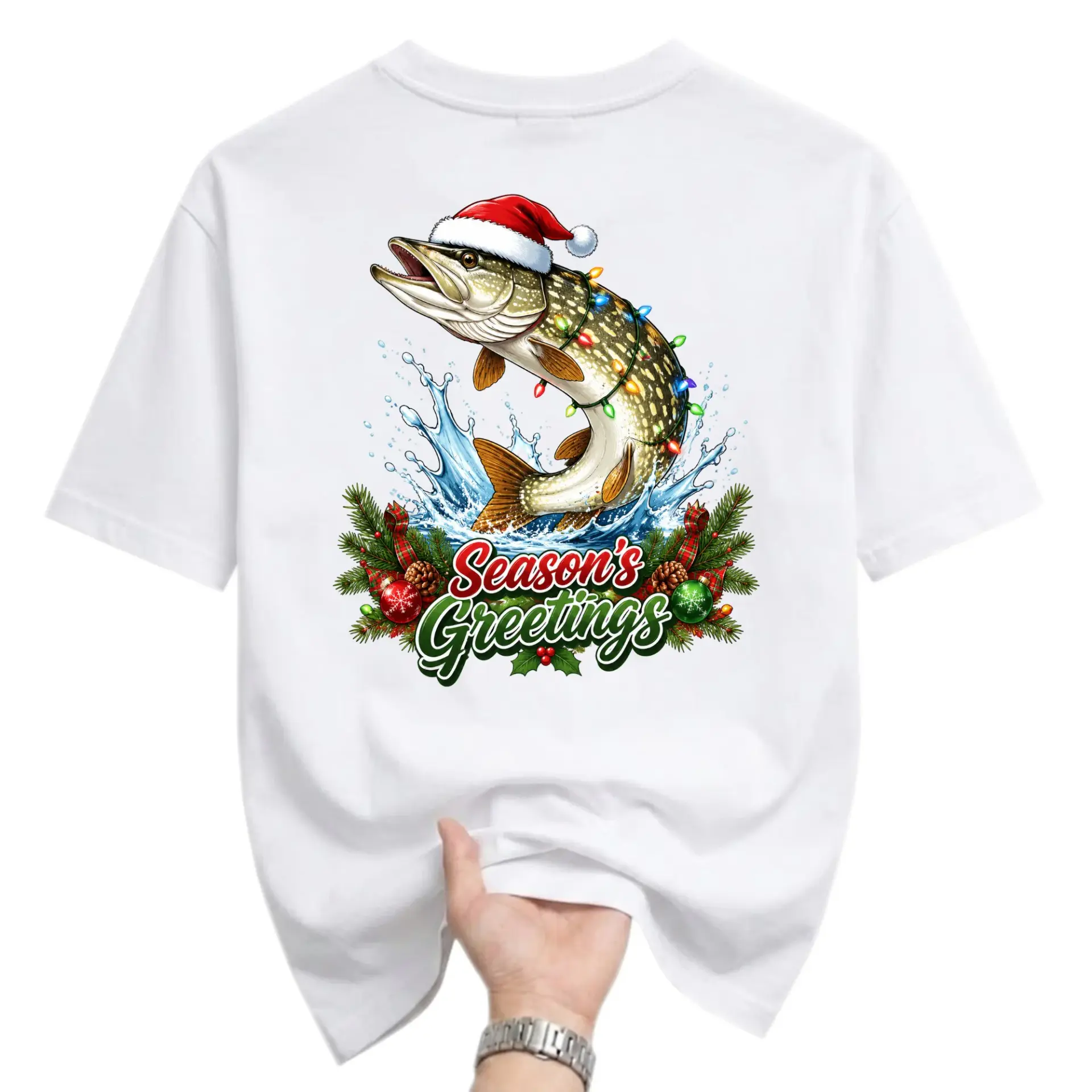 Graphic Tee Season's Greetings Fishing Christmas T-Shirt Unisex Crew Neck