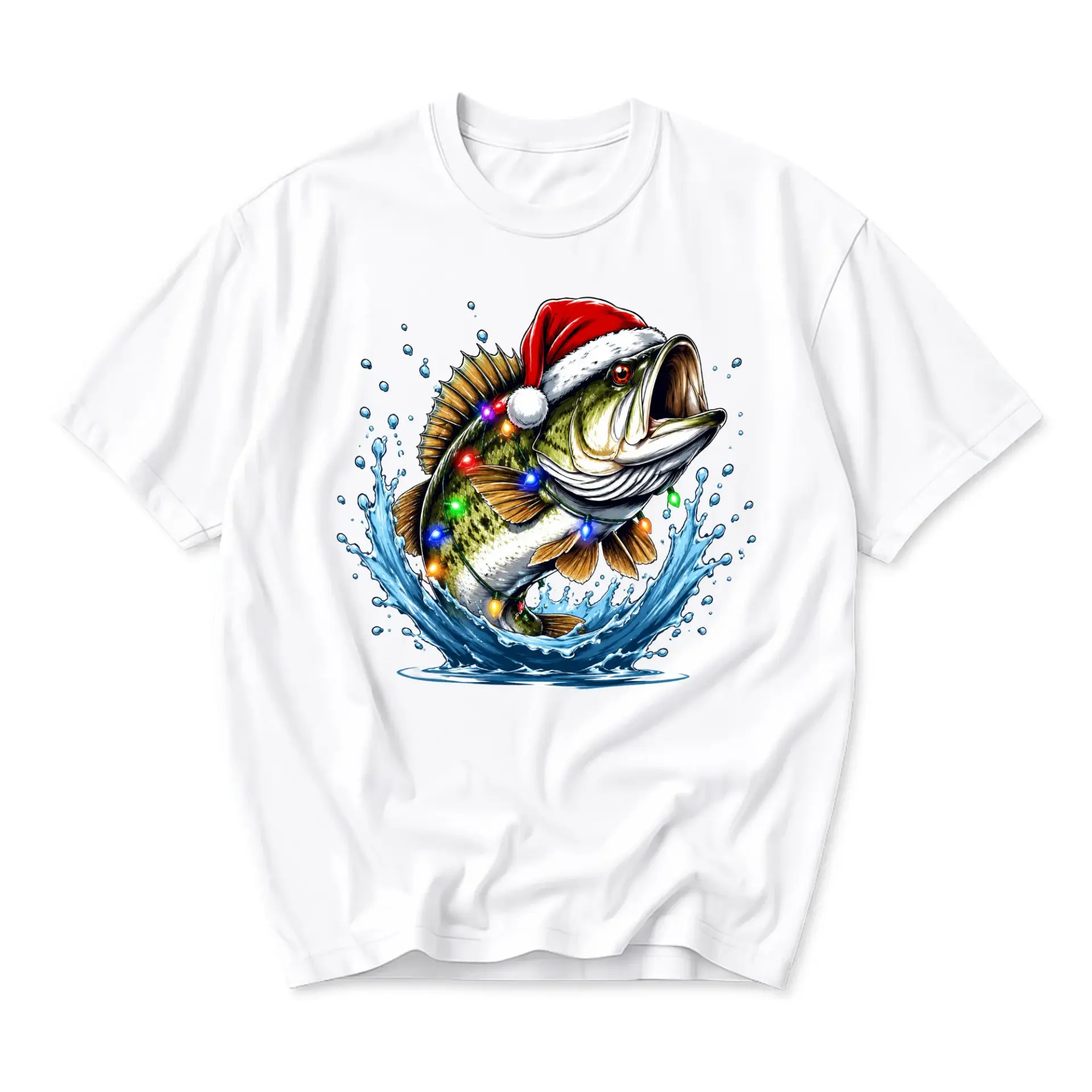 Graphic Tee Unisex Crew Neck T-Shirt Featuring a Festive Jumping Fish Wearing a Santa Hat with Colorful Holiday Lights