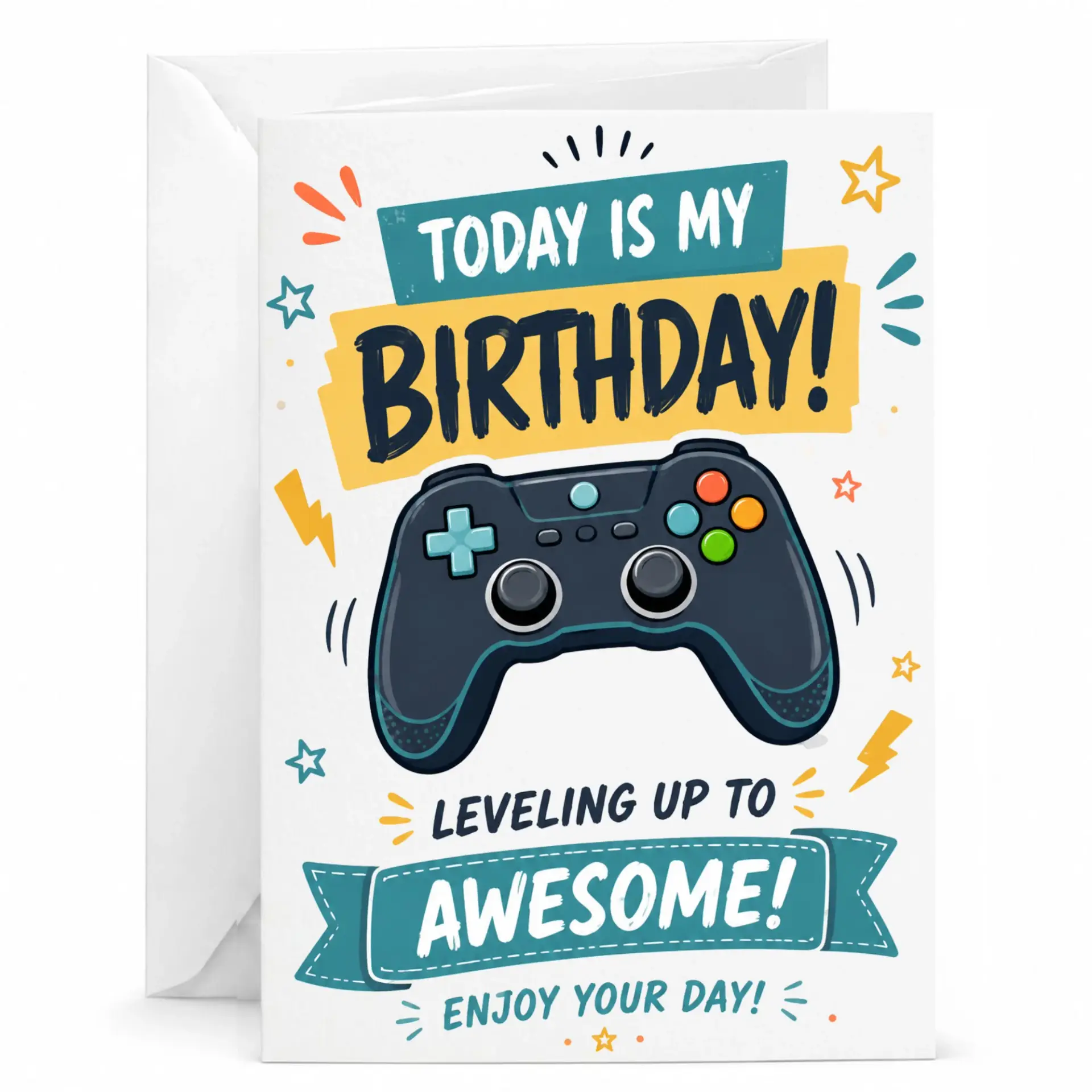 Birthday Card Video Game Controller Theme Leveling up to Awesome Design Printed Greeting Card for Gaming Fans