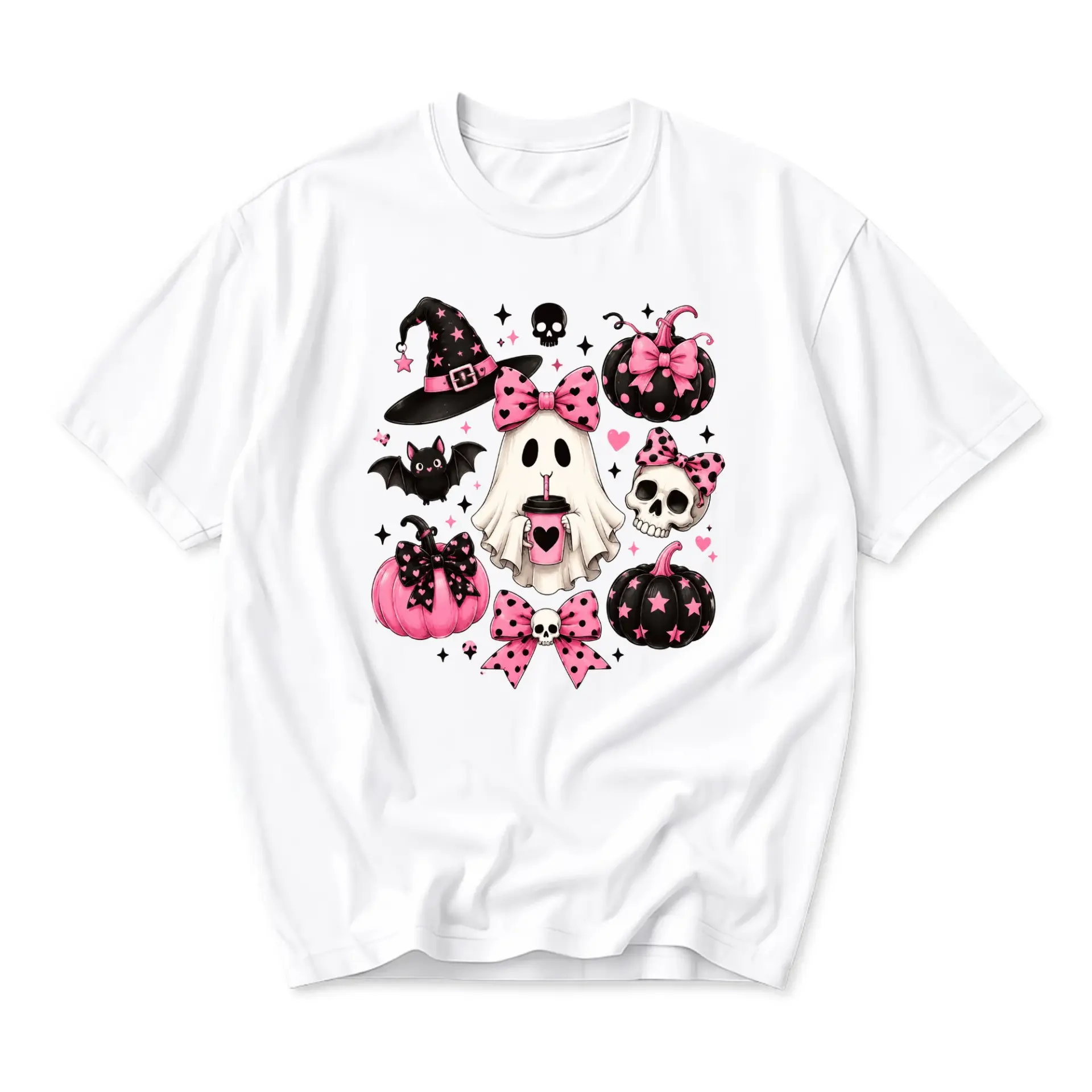 Graphic Tee Pink Halloween Aesthetic Shirt Kawaii Ghost Bat Skull Pumpkin Print Unisex Casual Crew Neck Top
