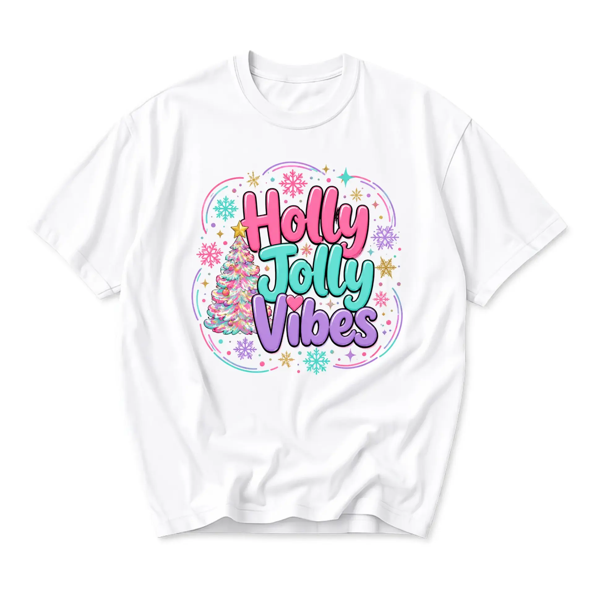 Holly Jolly Vibes Graphic Tee Unisex Holiday Season Crew Neck Short Sleeve Casual Cotton Blend Shirt for Everyday