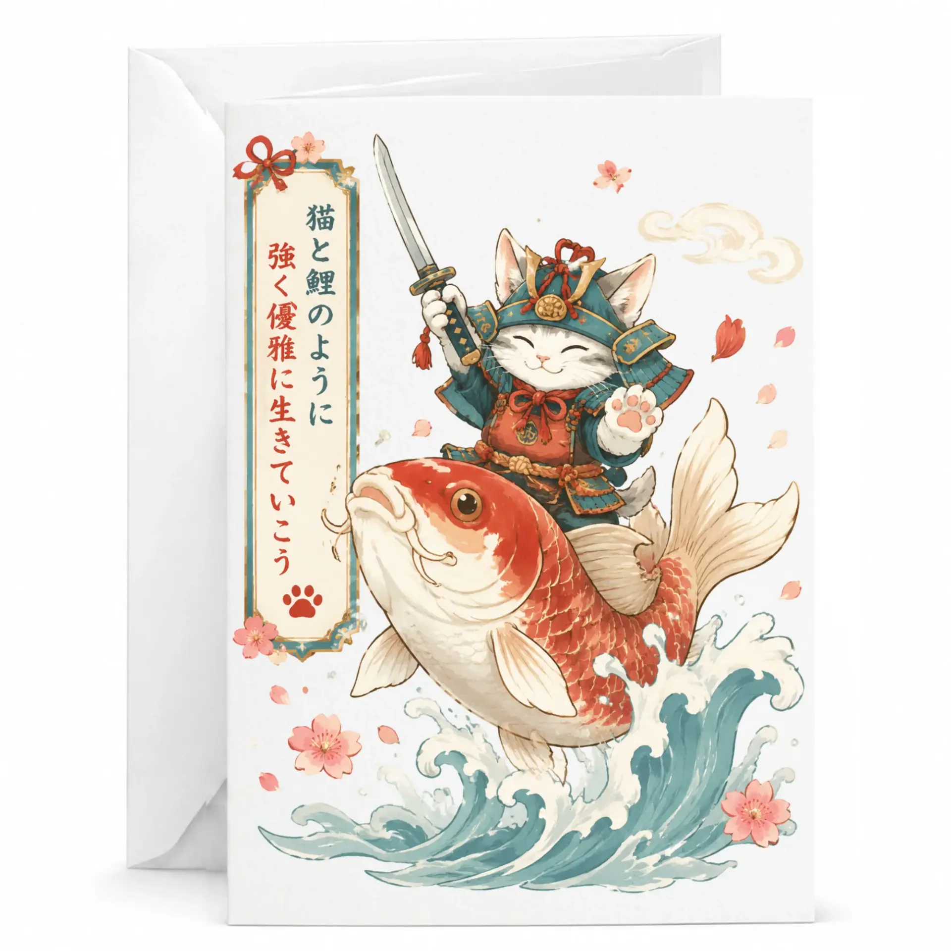 Greeting Card Featuring a Samurai Cat Riding a Koi Fish with Traditional Japanese Inspired Art Design for Special Messages