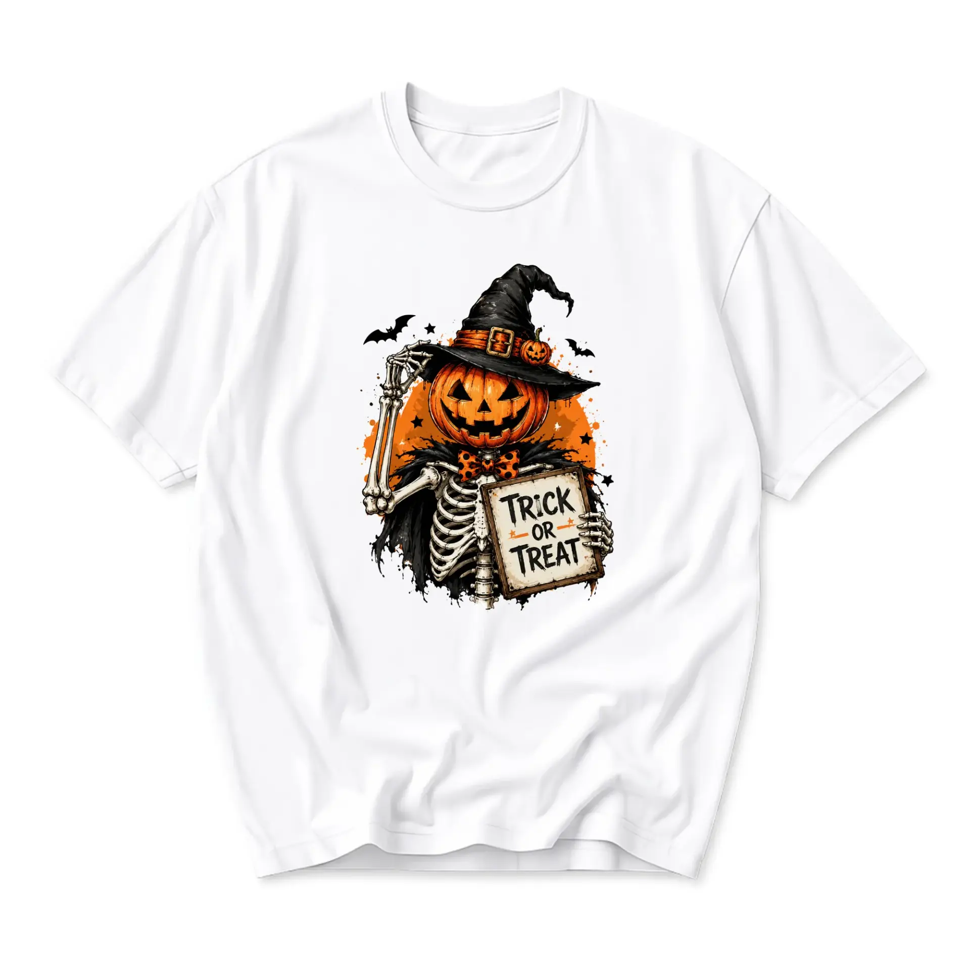 Graphic Tee Halloween Skeleton Pumpkin Shirt Unisex Crew Neck Short Sleeve Casual Holiday Apparel White Cotton