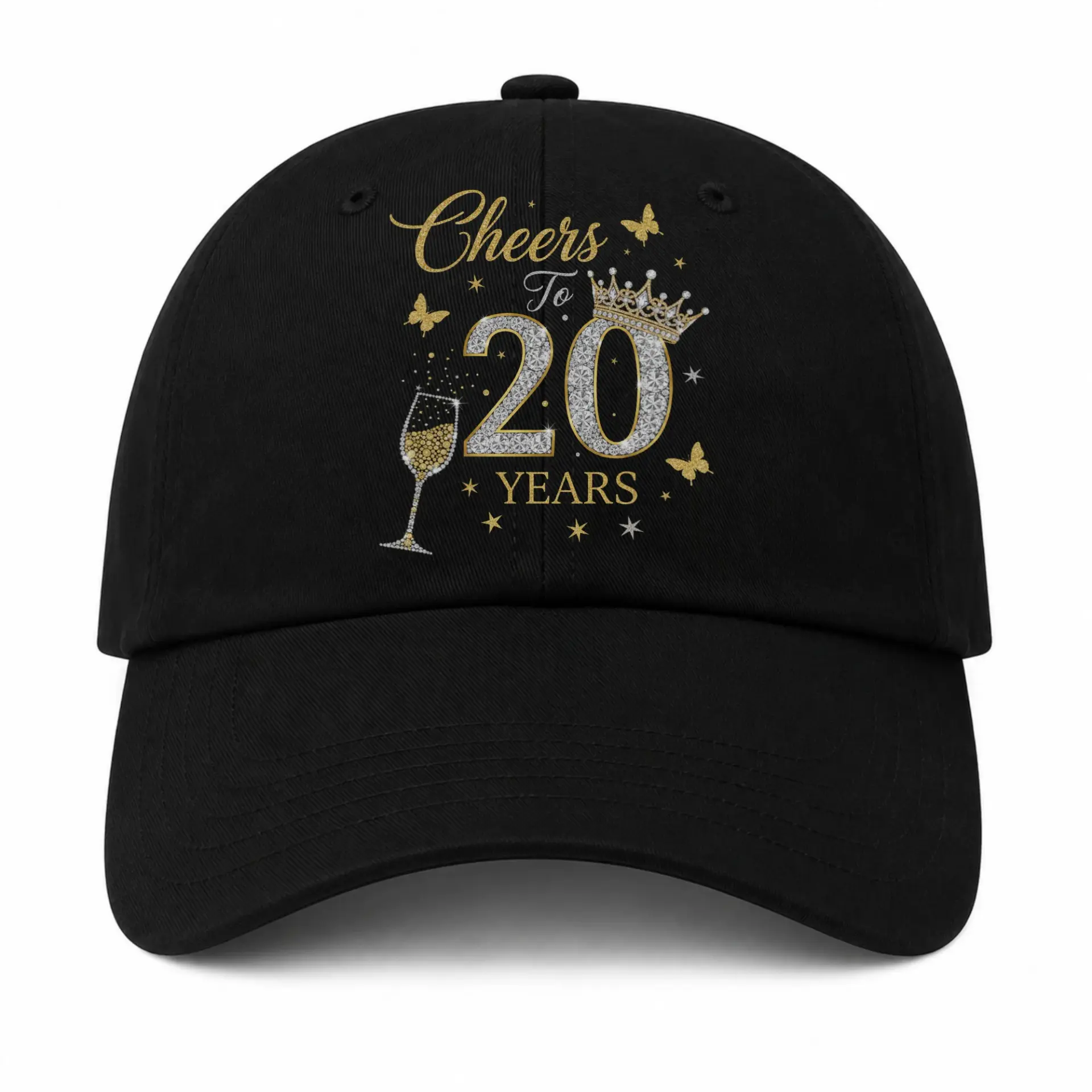 Baseball Cap Cheers to 20 Years Gold and Silver Glitter Anniversary Hat