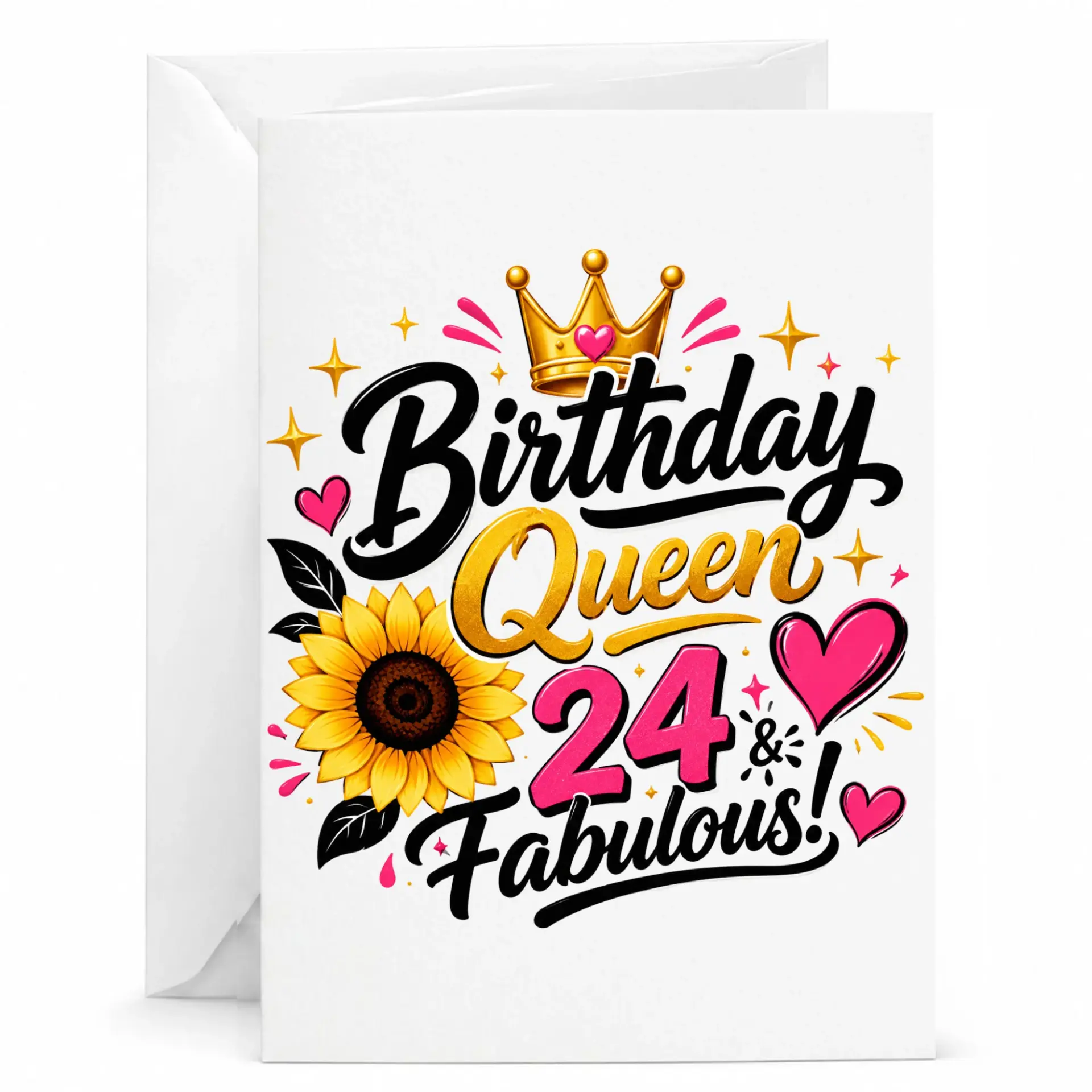 Birthday Card Birthday Queen 24 and Fabulous Greeting Card with Sunflower and Crown Design for Milestone Celebration
