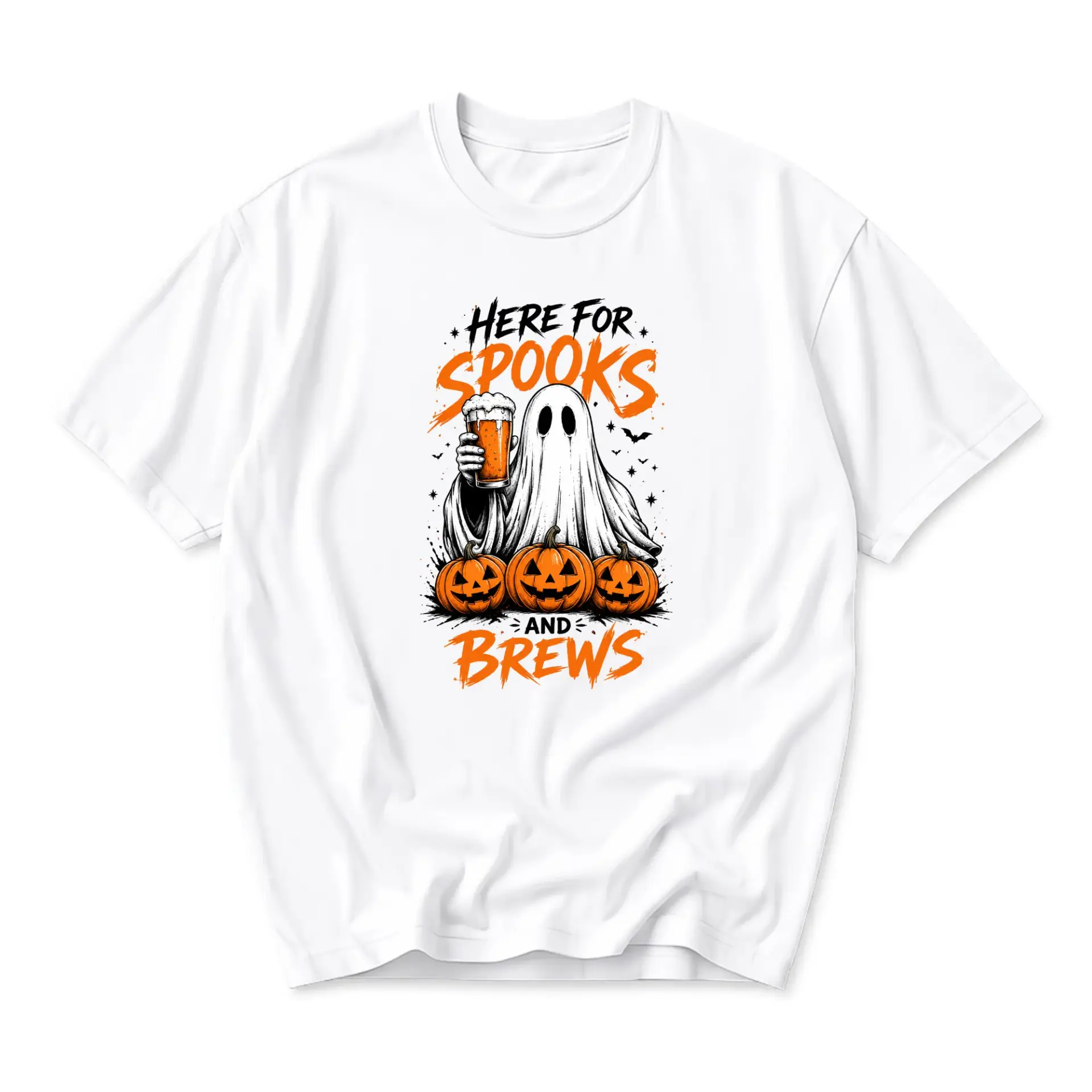Funny Shirt Here for Spooks and Brews Halloween Graphic Tee Unisex Casual Crew Neck Comfortable Cotton Blend Top White