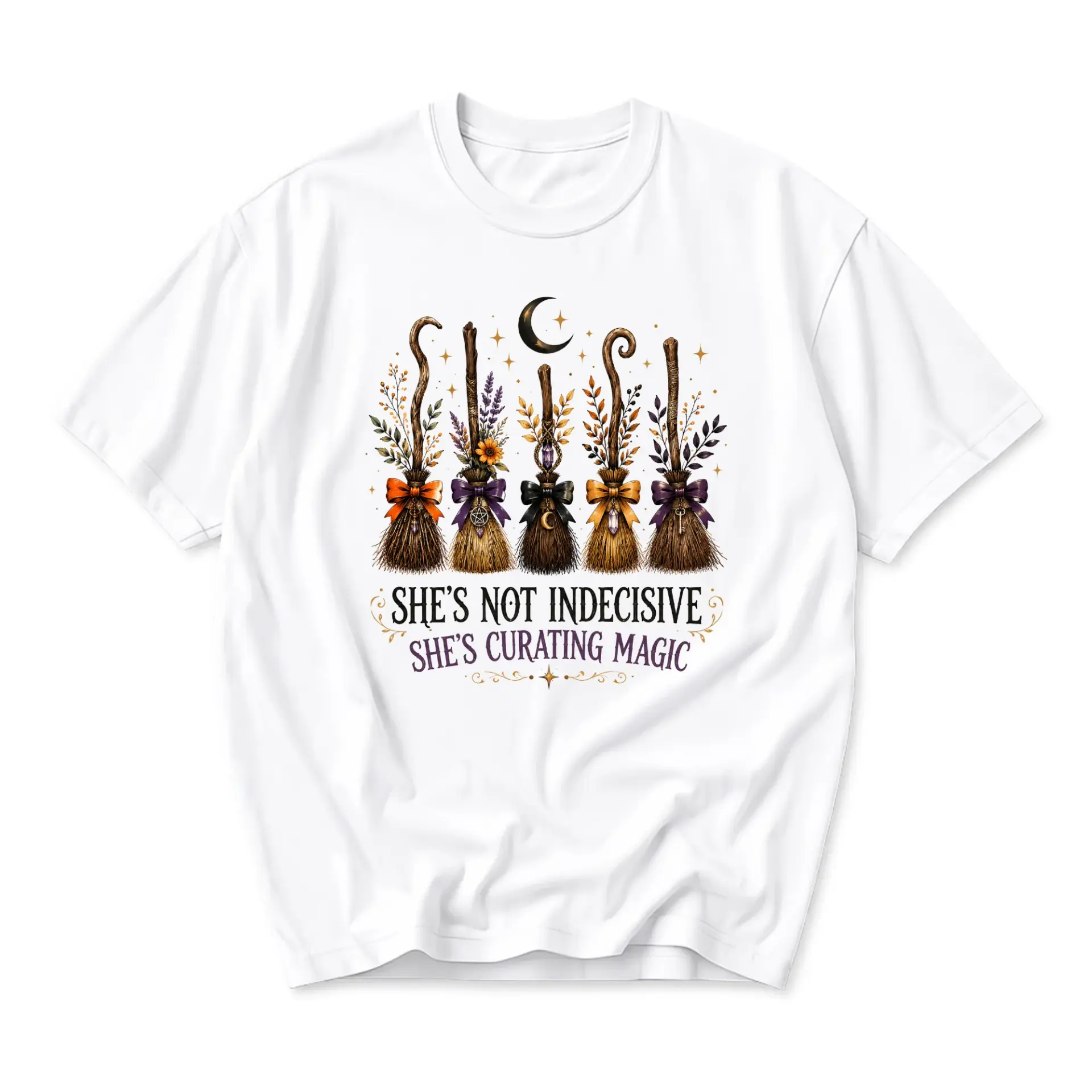Graphic Tee She Is Not Indecisive She Is Curating Magic Witchy Broomsticks Print Unisex Cotton Crew Neck Shirt