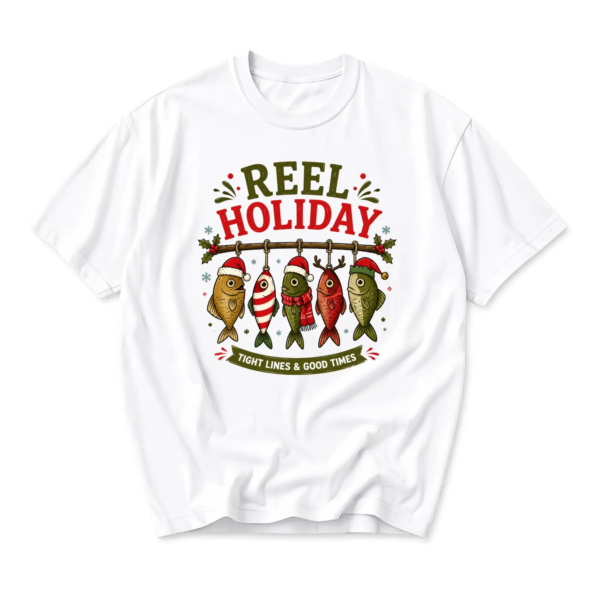 Graphic Tee Reel Holiday Fishing Themed Shirt Seasonal Catch Apparel Unisex Crew Neck Short Sleeve Top White