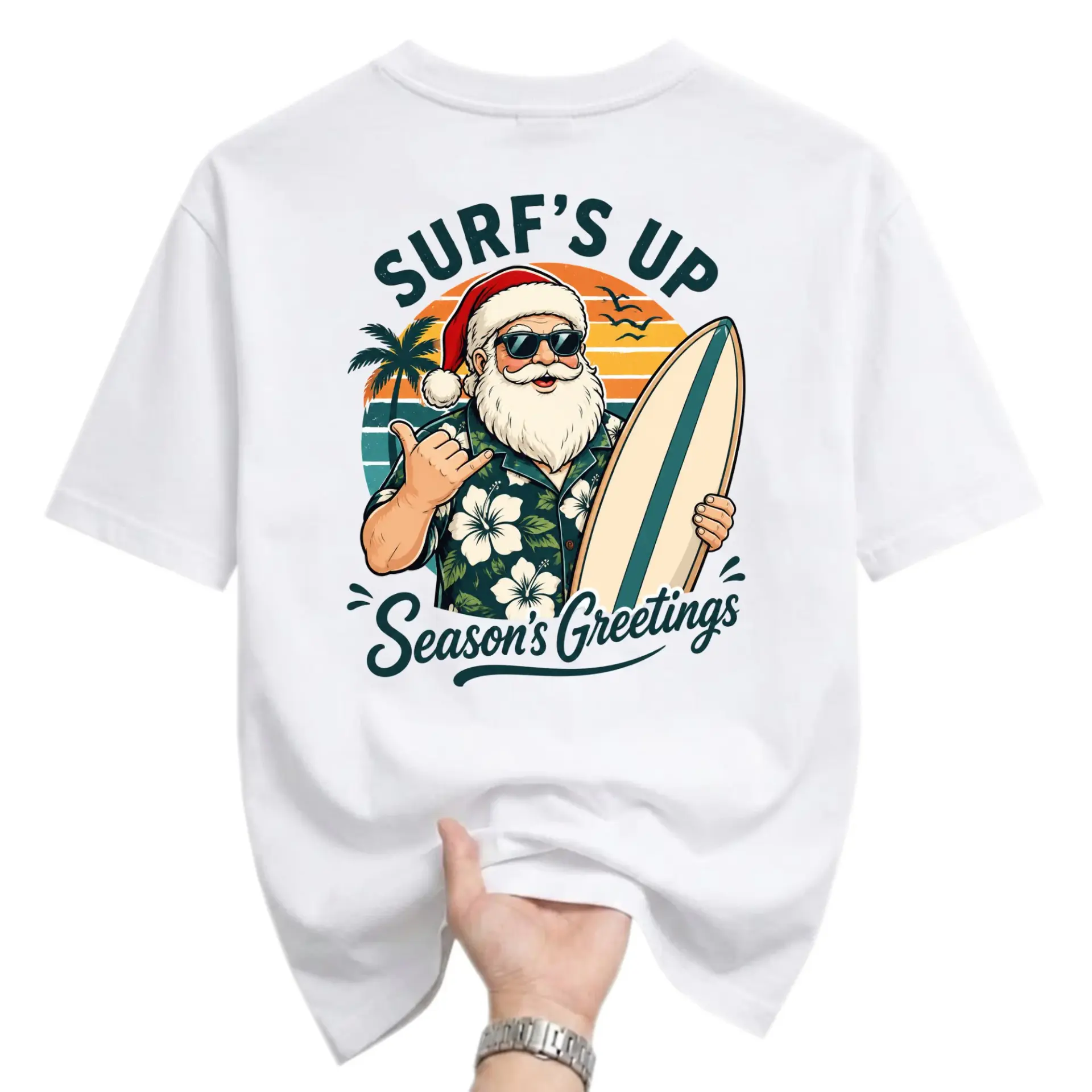 Graphic Tee Surf Santa Holiday Shirt Coastal Christmas Tropical Unisex Crew Neck Short Sleeve Casual Cotton Apparel