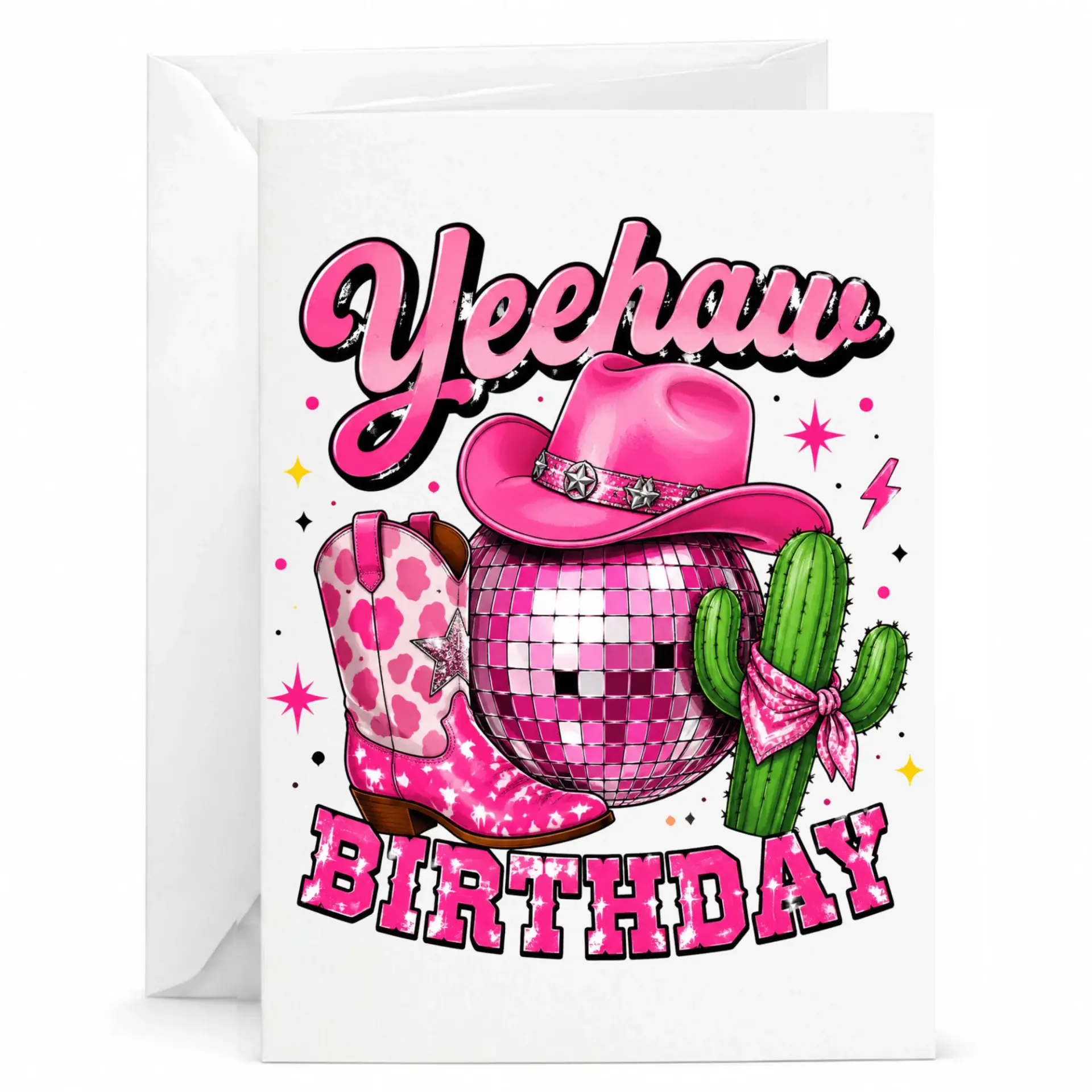 Birthday Card Cowboy Disco Theme Western Style Greeting Card with Pink Hat and Boots for Fun Celebration Occasions