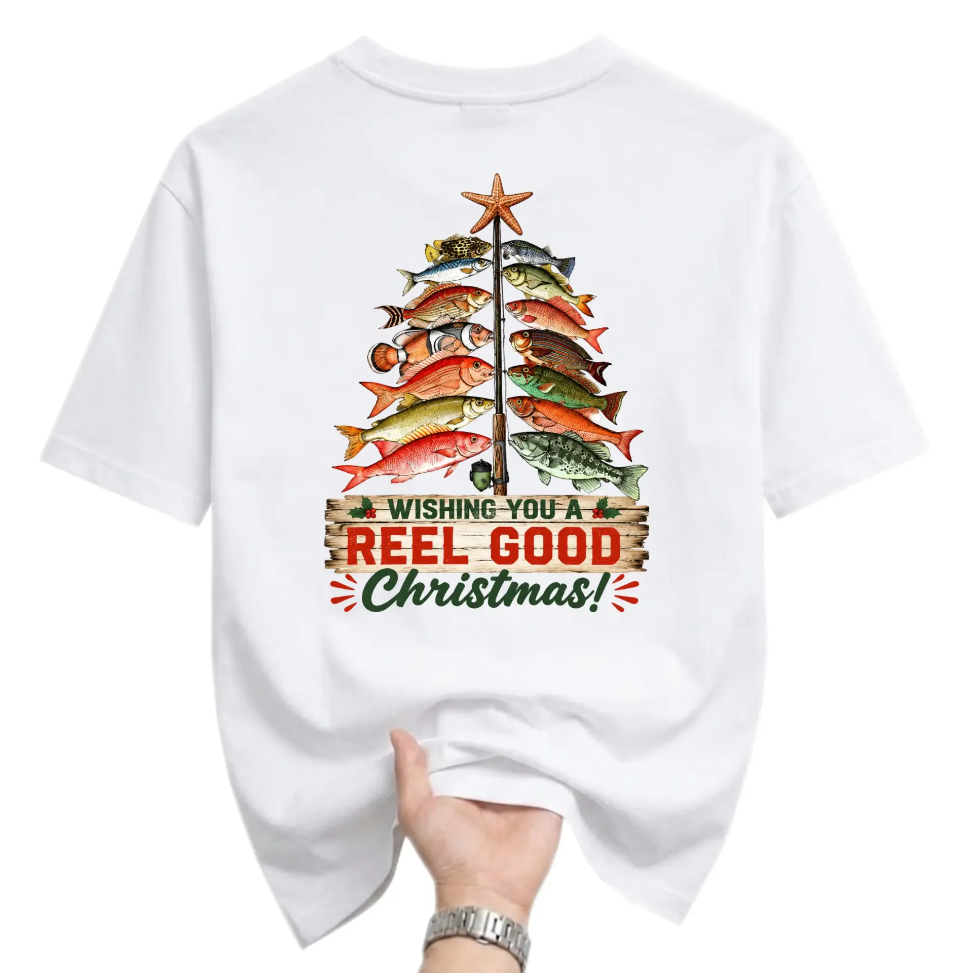 Funny Shirt Wishing You a Reel Good Christmas Graphic Tee Unisex Casual Holiday Fishing Crew Neck Cotton Blend T-Shirt