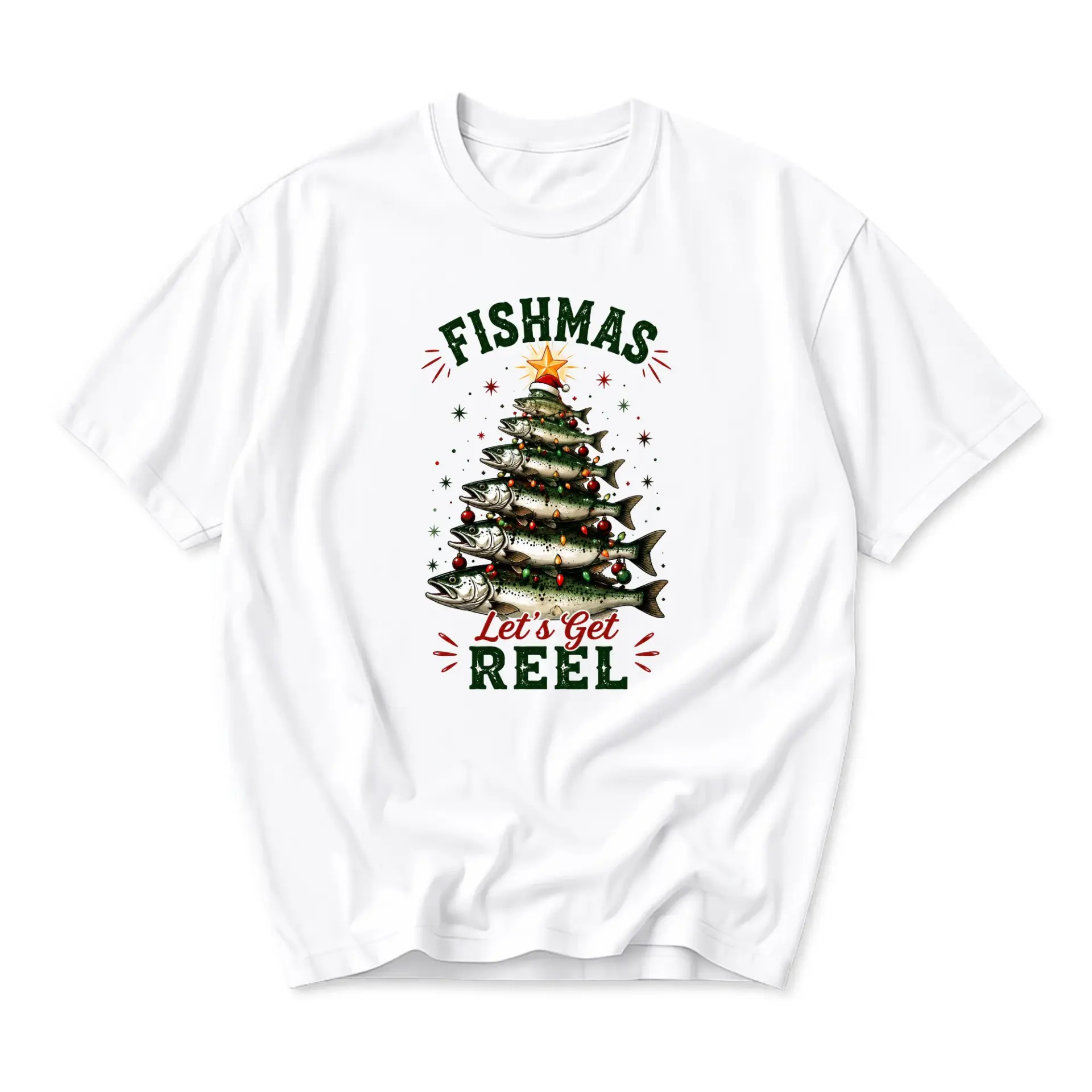 Funny Shirt Fishmas Let's Get Reel Graphic Tee Unisex Crew Neck Short
