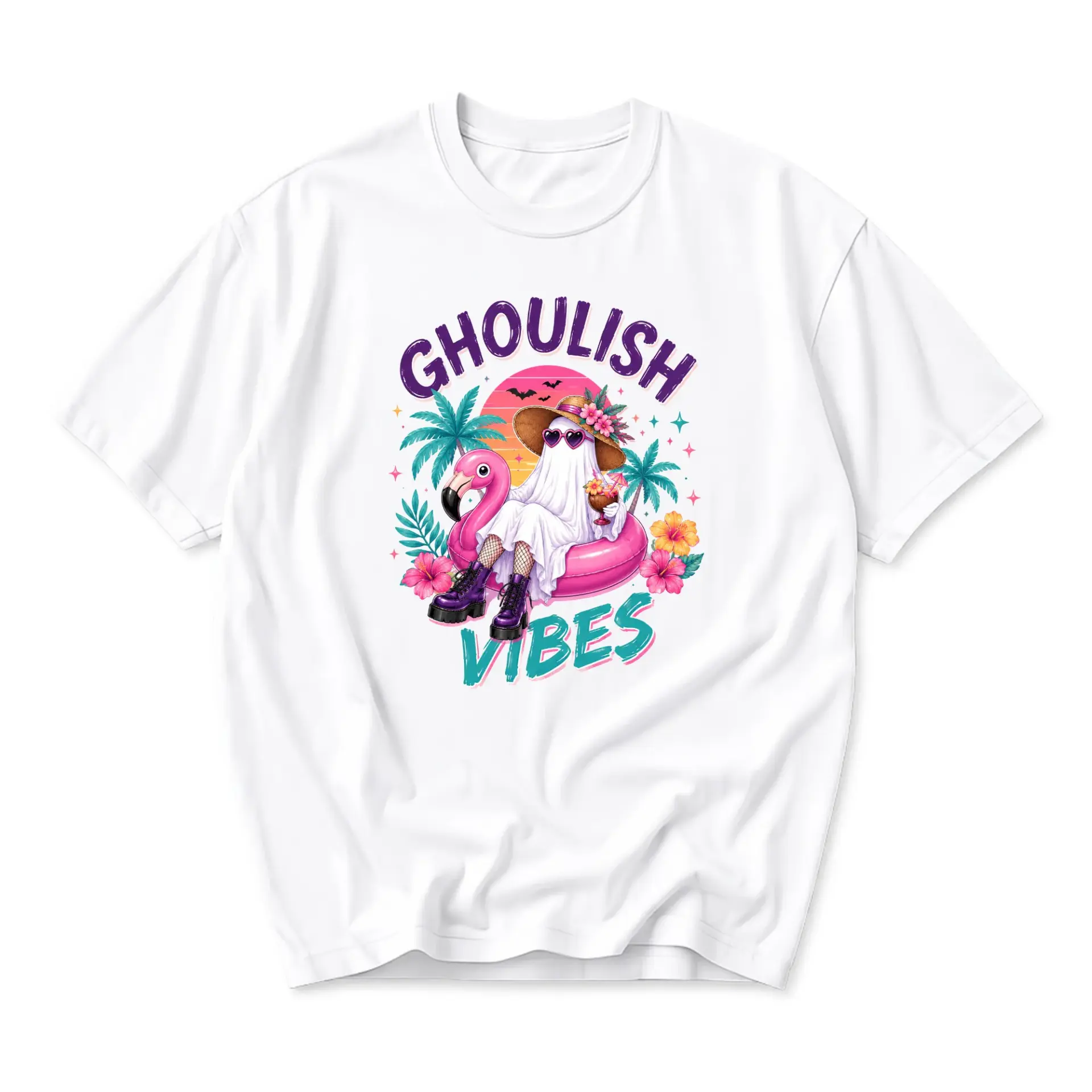 Graphic Tee Ghoulish Vibes Tropical Ghost Summer Vacation Unisex Crew Neck Short Sleeve Casual Fashion Shirt White