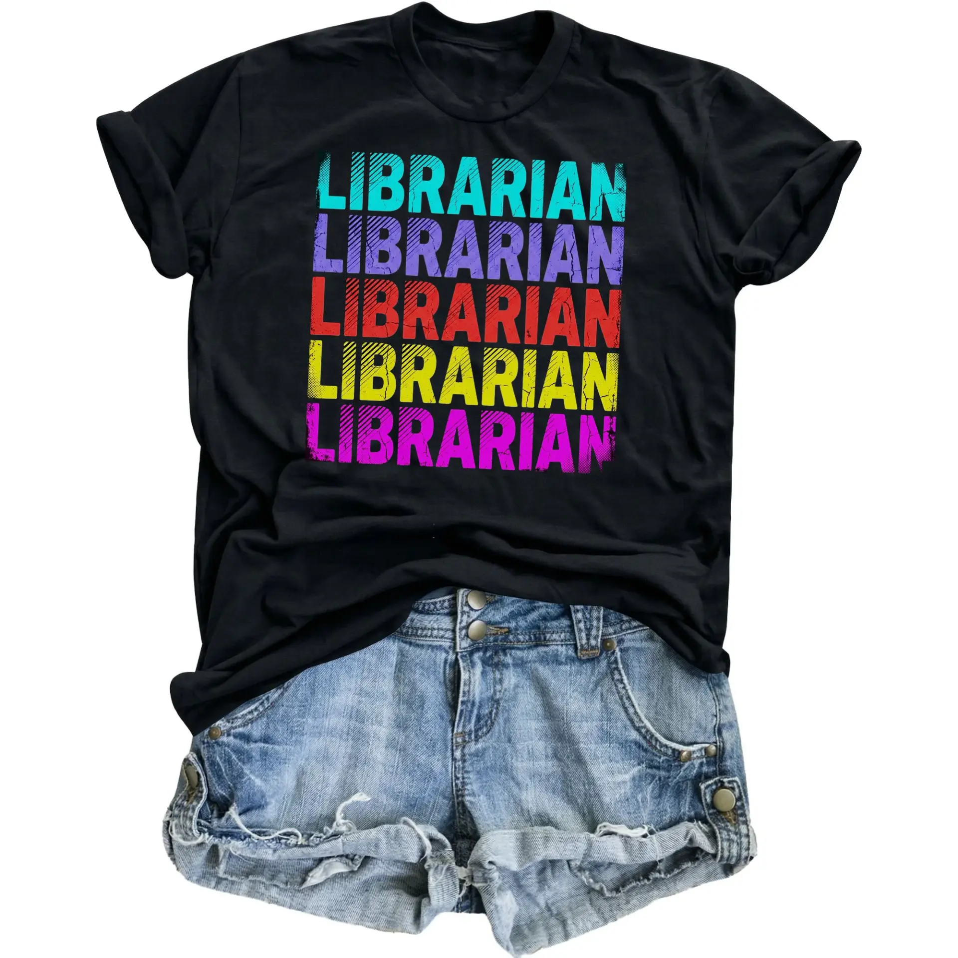 Graphic Tee Librarian Retro Rainbow Text Unisex Crew Neck Shirt for Readers and Book Lovers Casual Apparel Cotton
