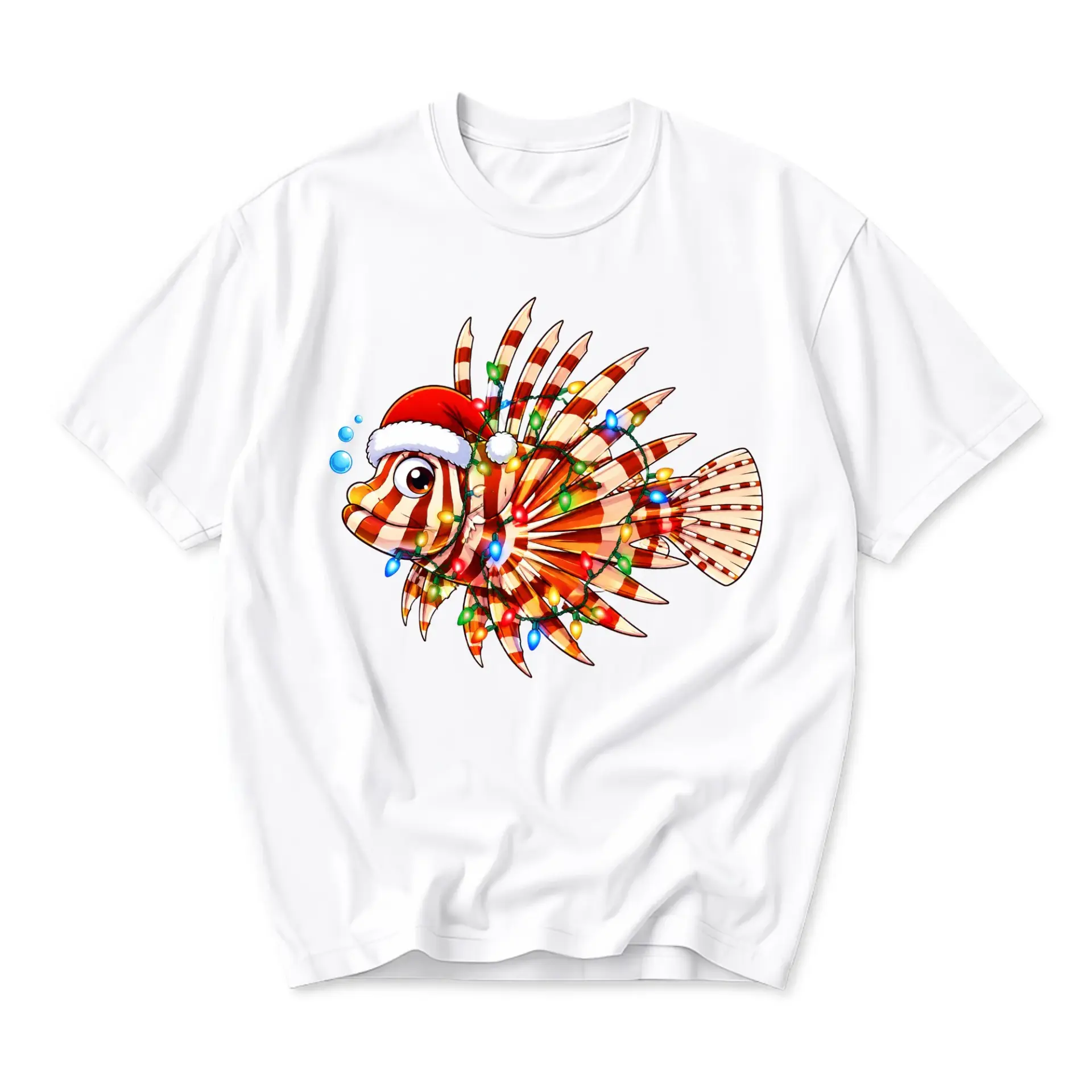 Graphic Tee Unisex Crew Neck Short Sleeve Shirt Featuring a Festive Lionfish Decorated with Christmas Lights