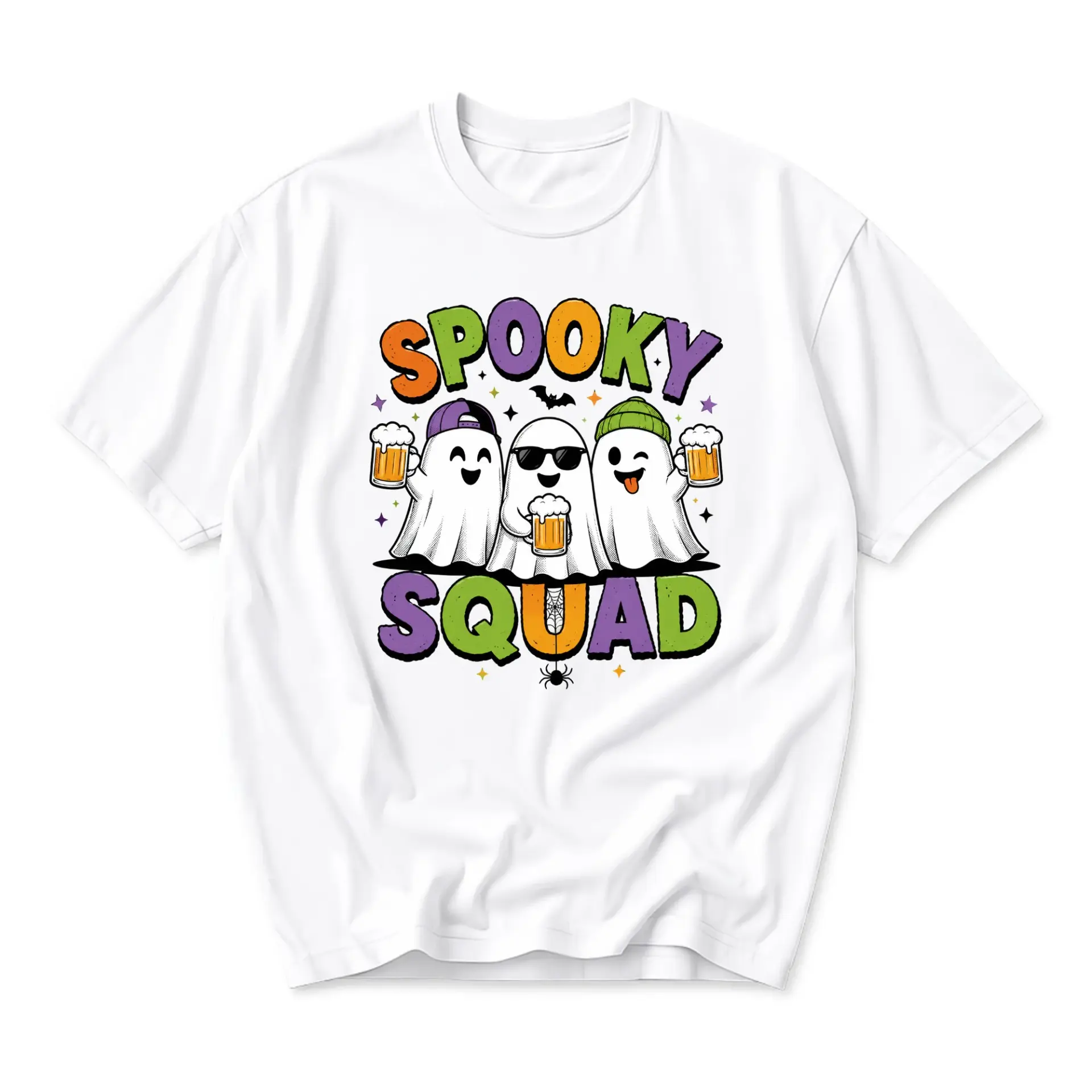 Funny Shirt Spooky Squad Ghost Graphic Tee Casual Unisex Crew Neck T-Shirt for Halloween Party and Everyday Wear