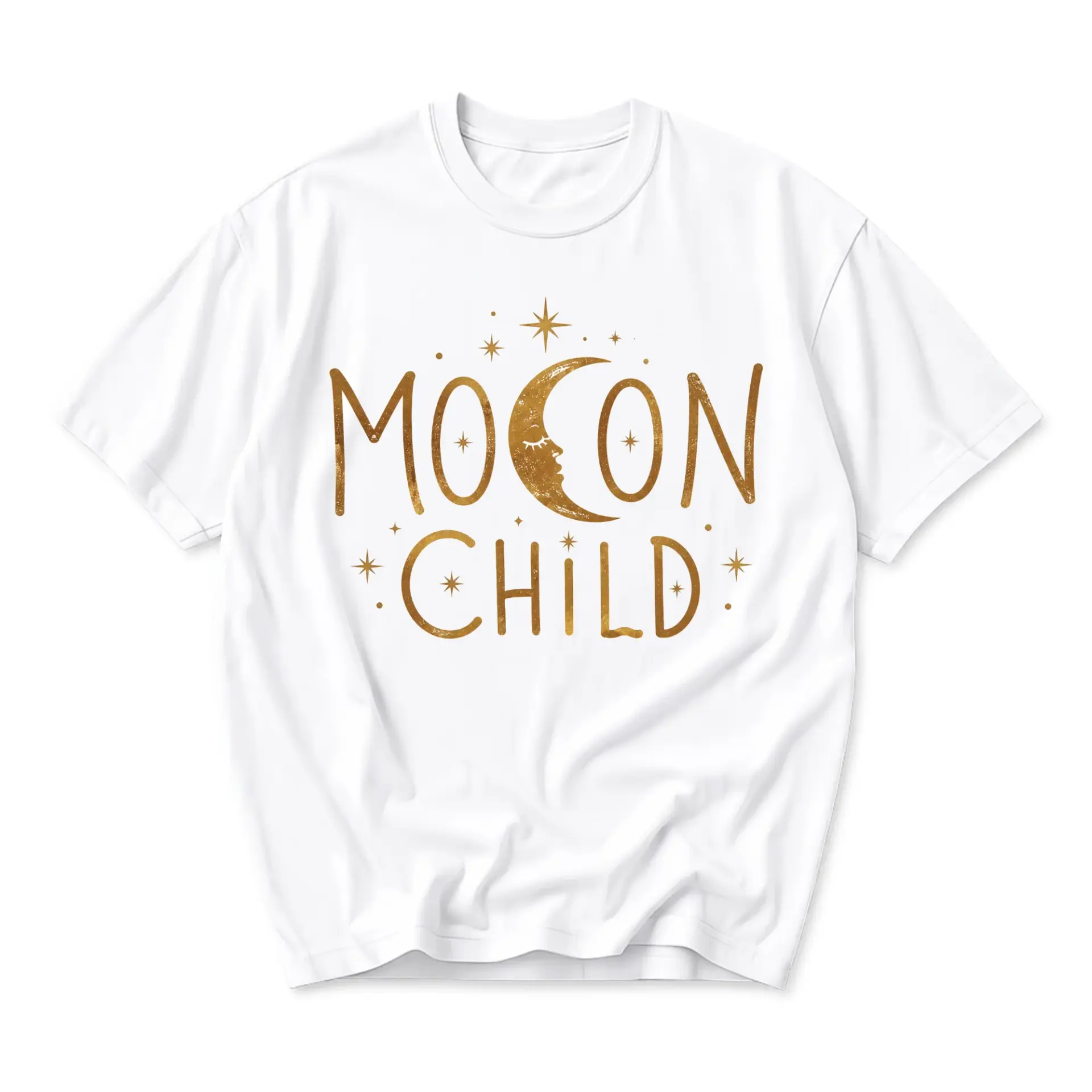 Graphic Tee Moon Child Celestial Gold Print Unisex Crew Neck Cotton Blend Soft Everyday Casual Short Sleeve Shirt