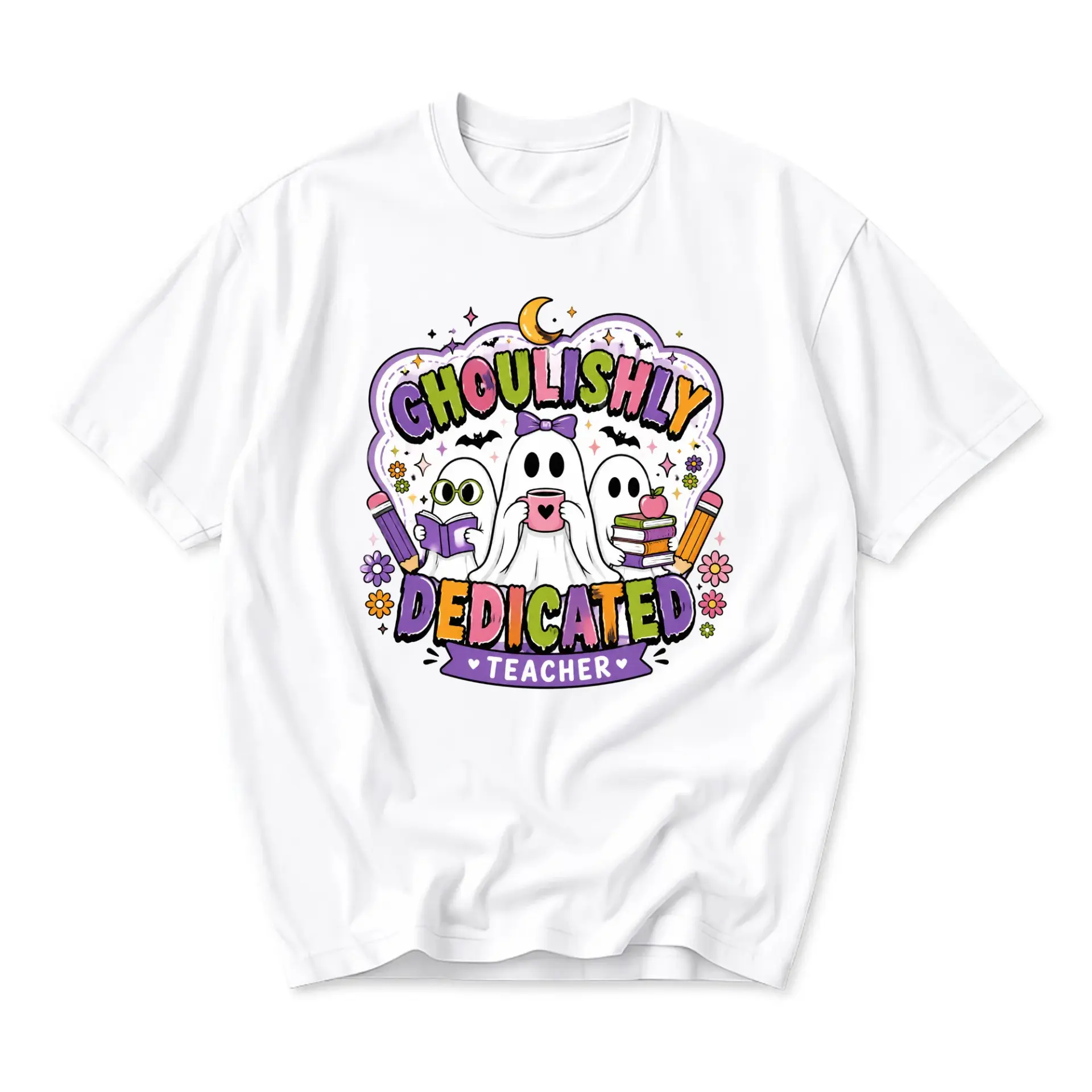 Graphic Tee Ghoulishly Dedicated Teacher Ghost Illustration Unisex Crew Neck Short Sleeve Casual Cotton Blend Shirt