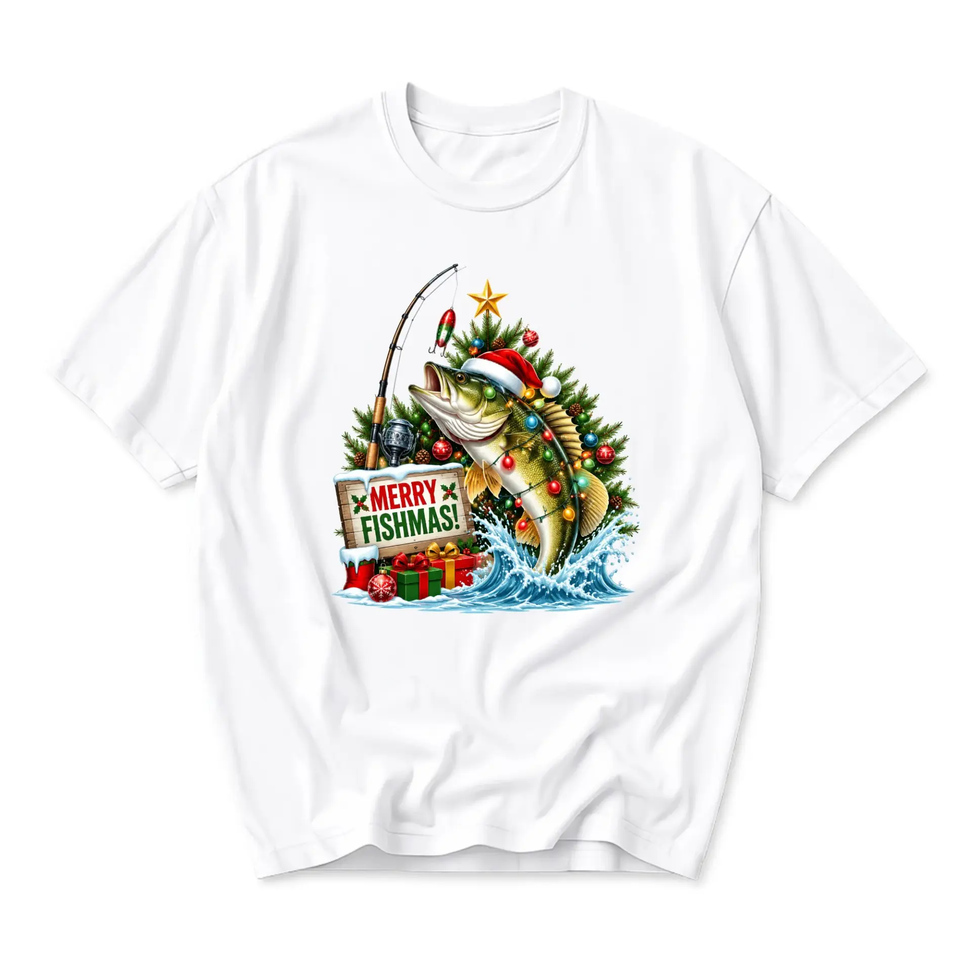 Funny Shirt Merry Fishmas Holiday Fishing Graphic Tee Unisex Short Sleeve