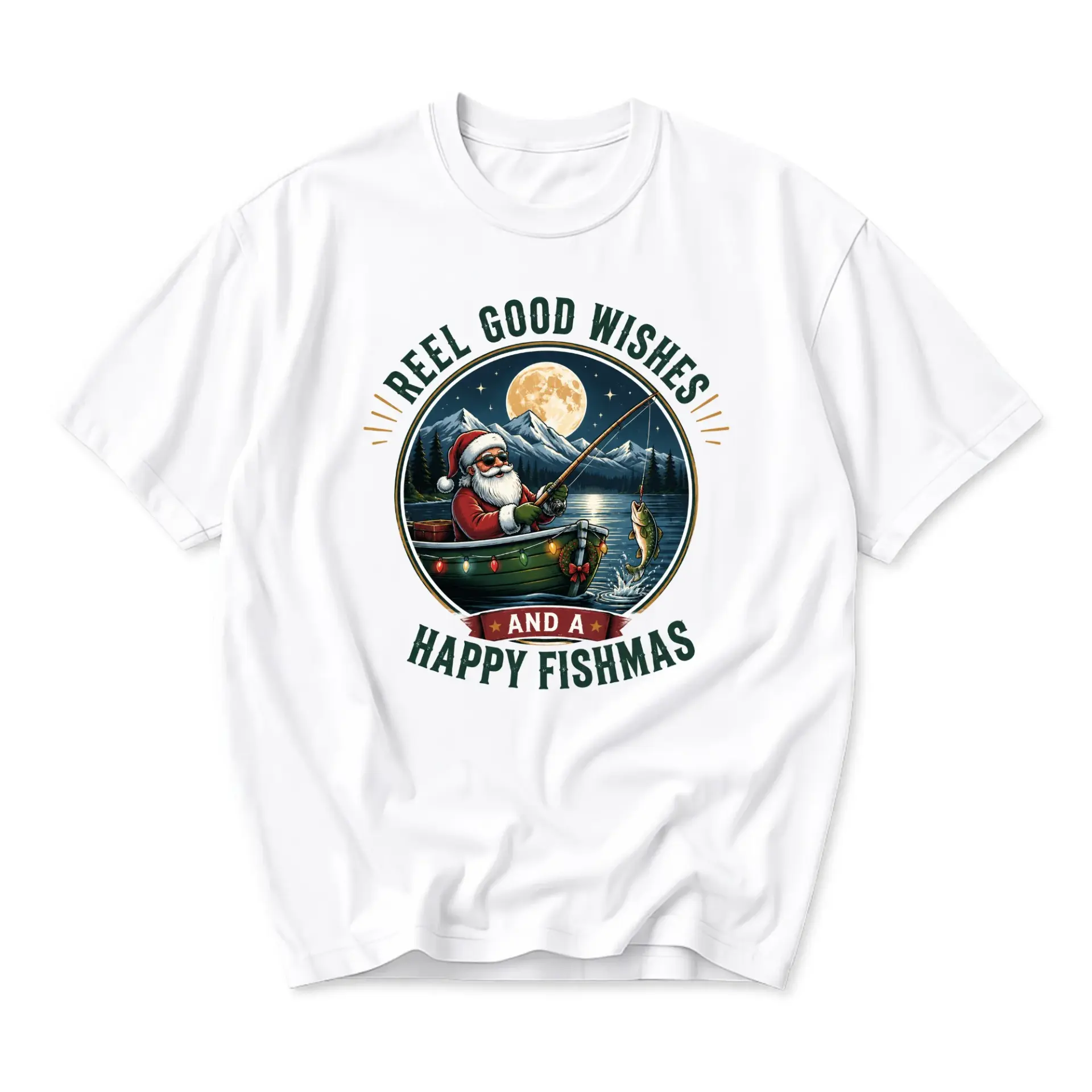 Graphic Tee Santa Fishing Reel Good Wishes Funny Fishmas Holiday Unisex Crew Neck Casual Cotton Blend T-Shirt