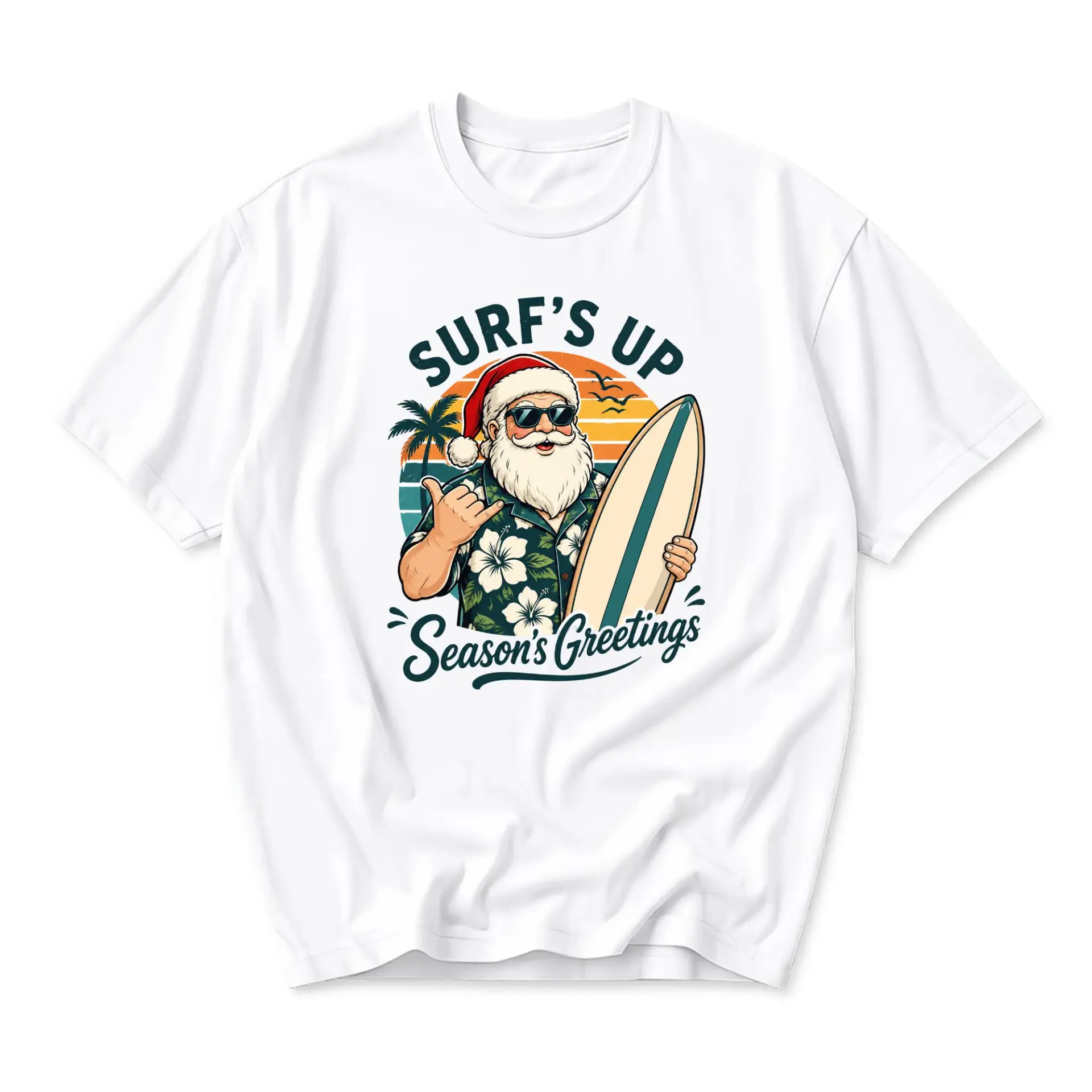 Graphic Tee Surf Santa Holiday Shirt Coastal Christmas Tropical Unisex Crew Neck Short Sleeve Casual Cotton Apparel